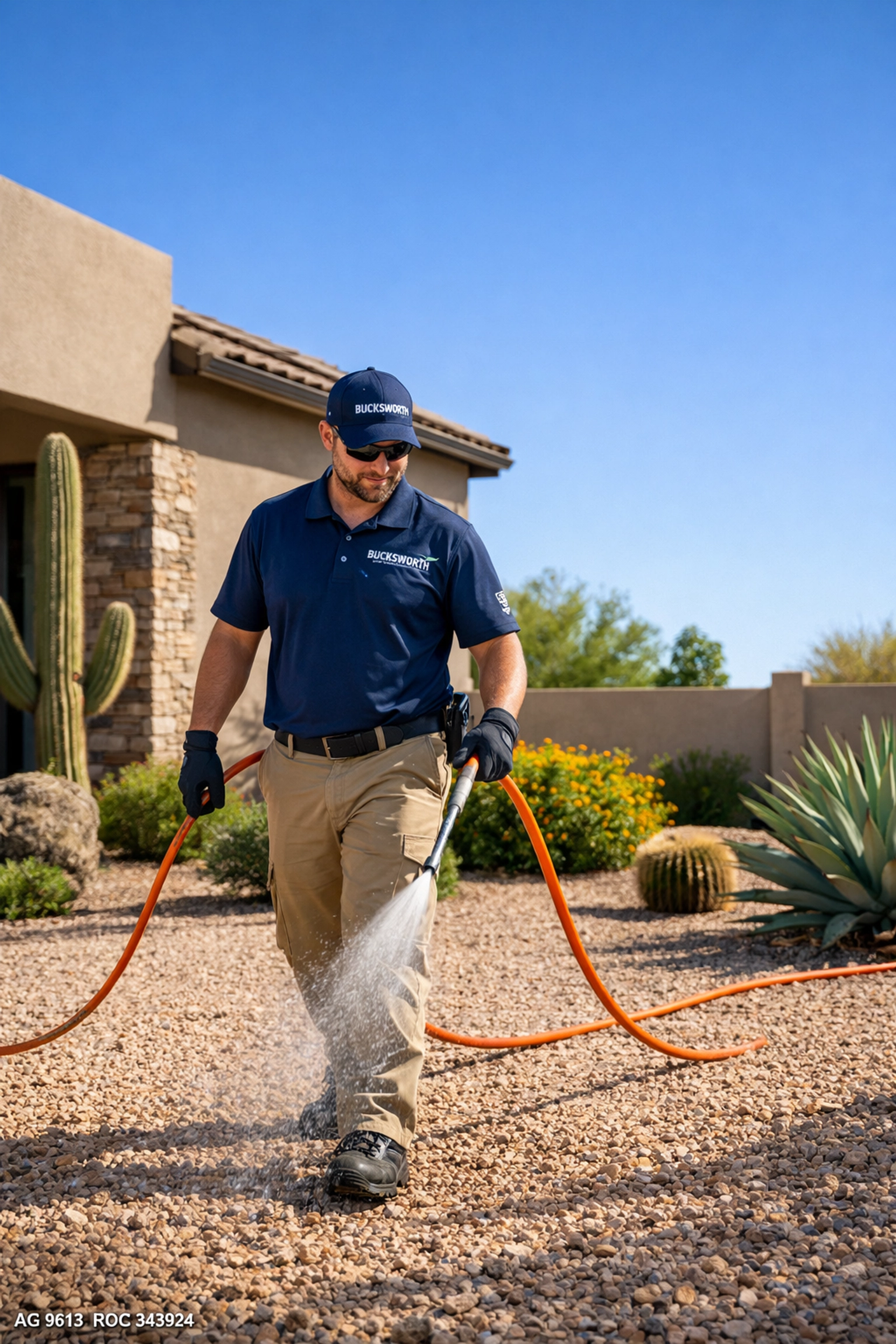 Bucksworth technician applying pre-emergent weed control to a residential gravel yard in Mesa, Arizona.