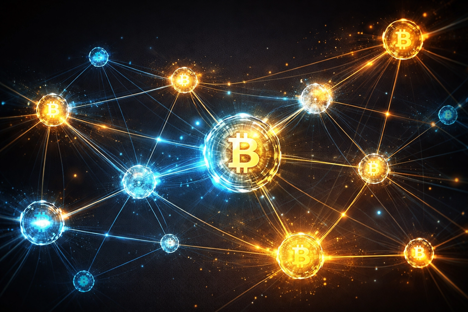 Network of glowing nodes representing cryptocurrency integration and digital asset diversification.