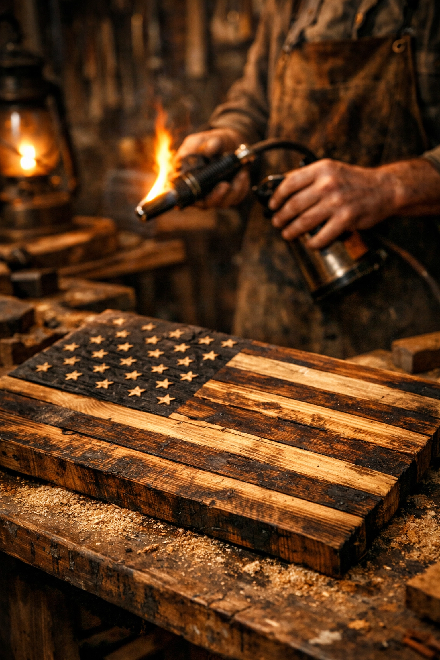 Artisan workshop showing the handcrafted process of making a rustic wooden american flag.