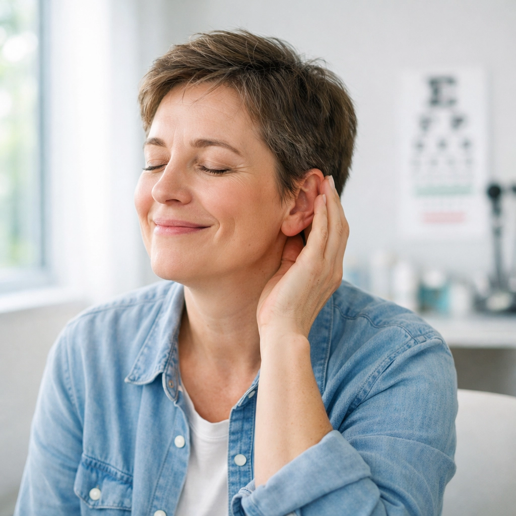 Patient smiling with relief after urgent ear wax removal at a professional Perth clinic.