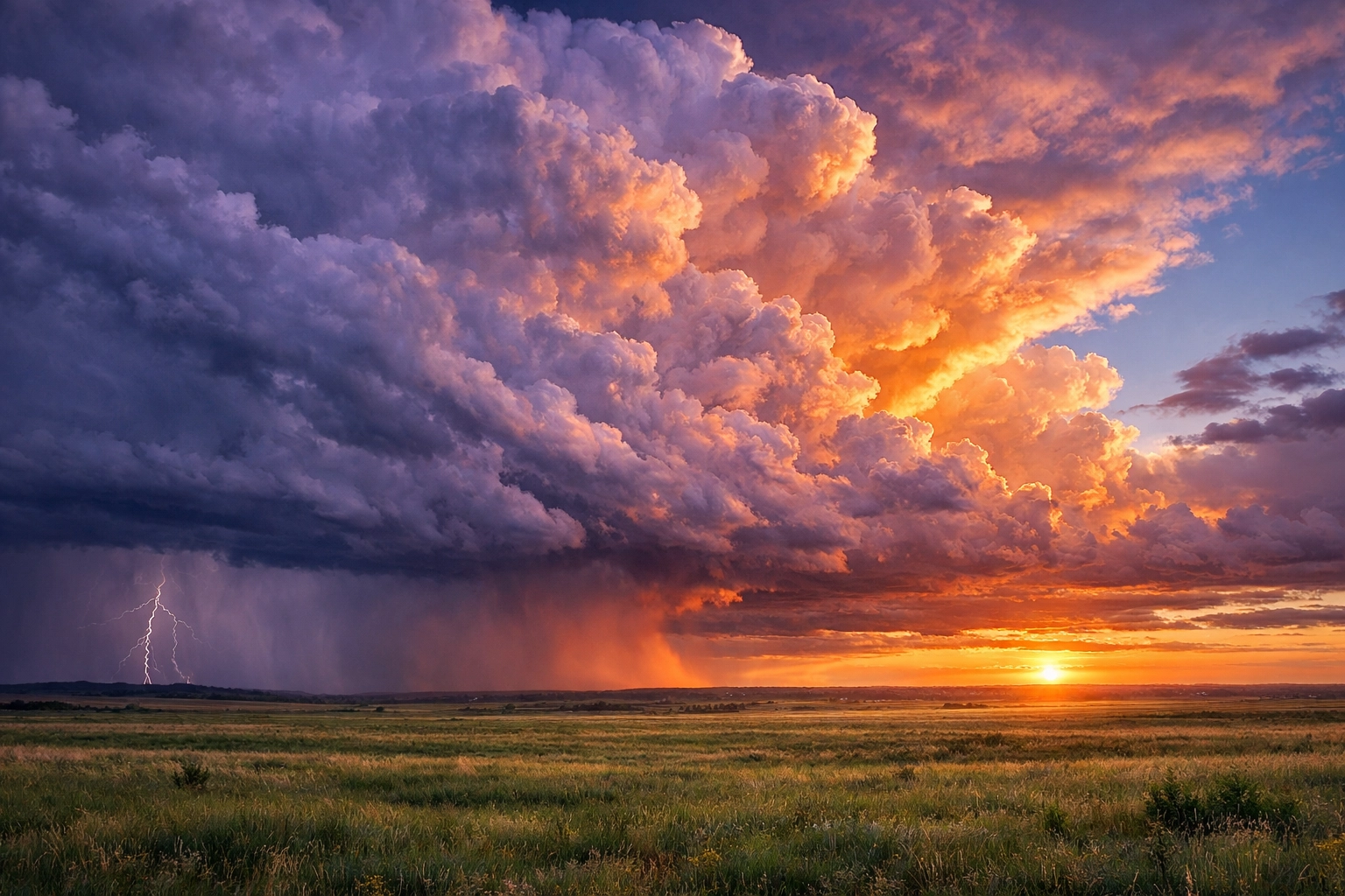 Professional landscape photography editing showing natural colors and a dramatic sunset sky over a prairie.