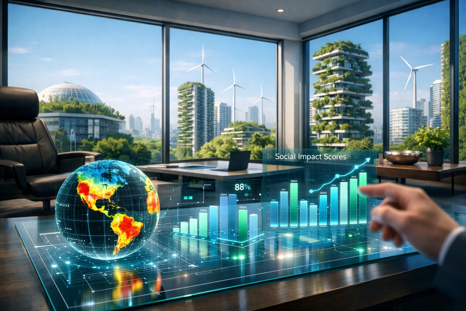 Digital ESG data visualizations in a modern wealth management office overlooking a sustainable green city.