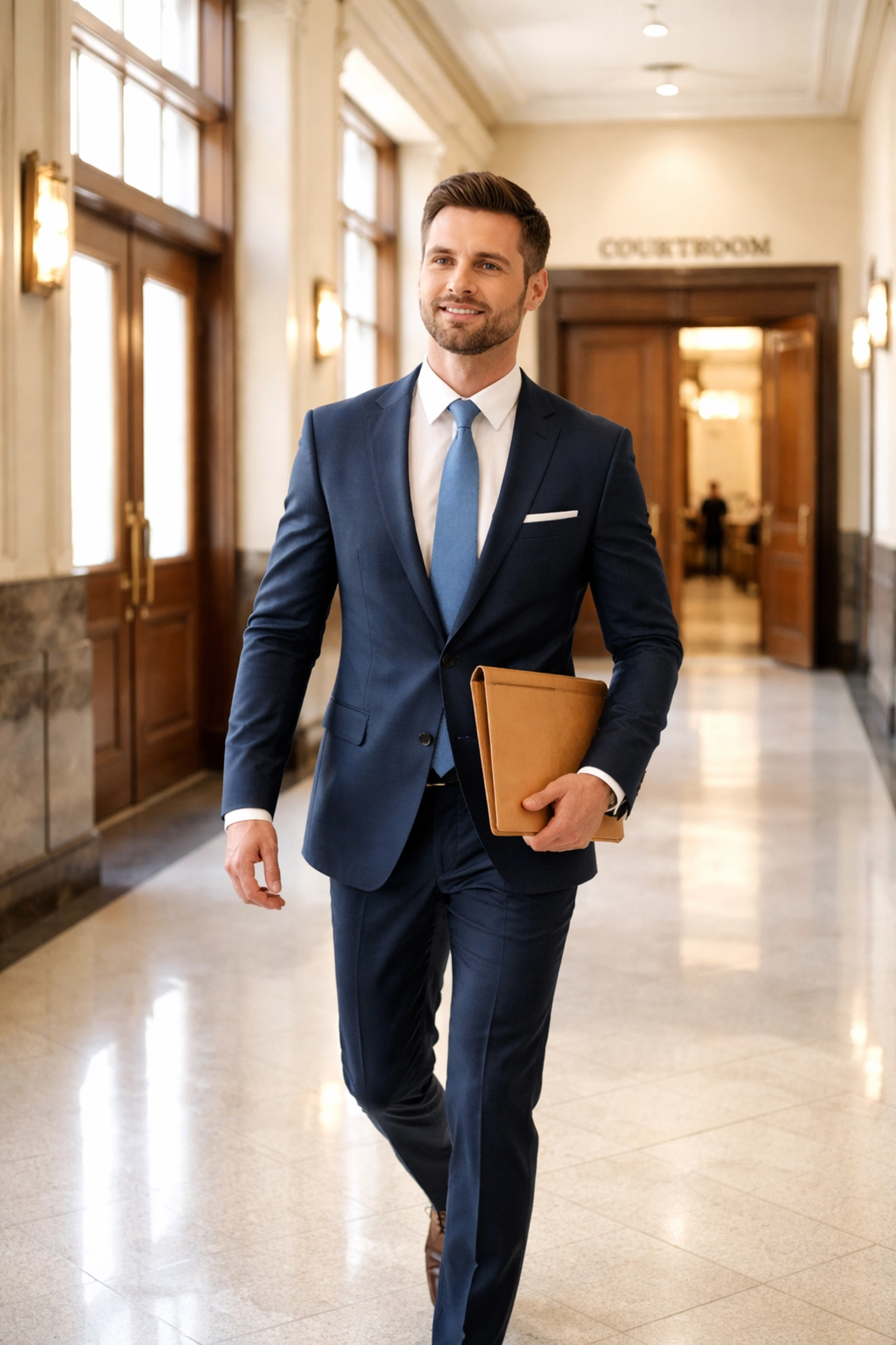 Real estate agent in California courthouse hallway, representing court confirmation and overbid process in probate sales.