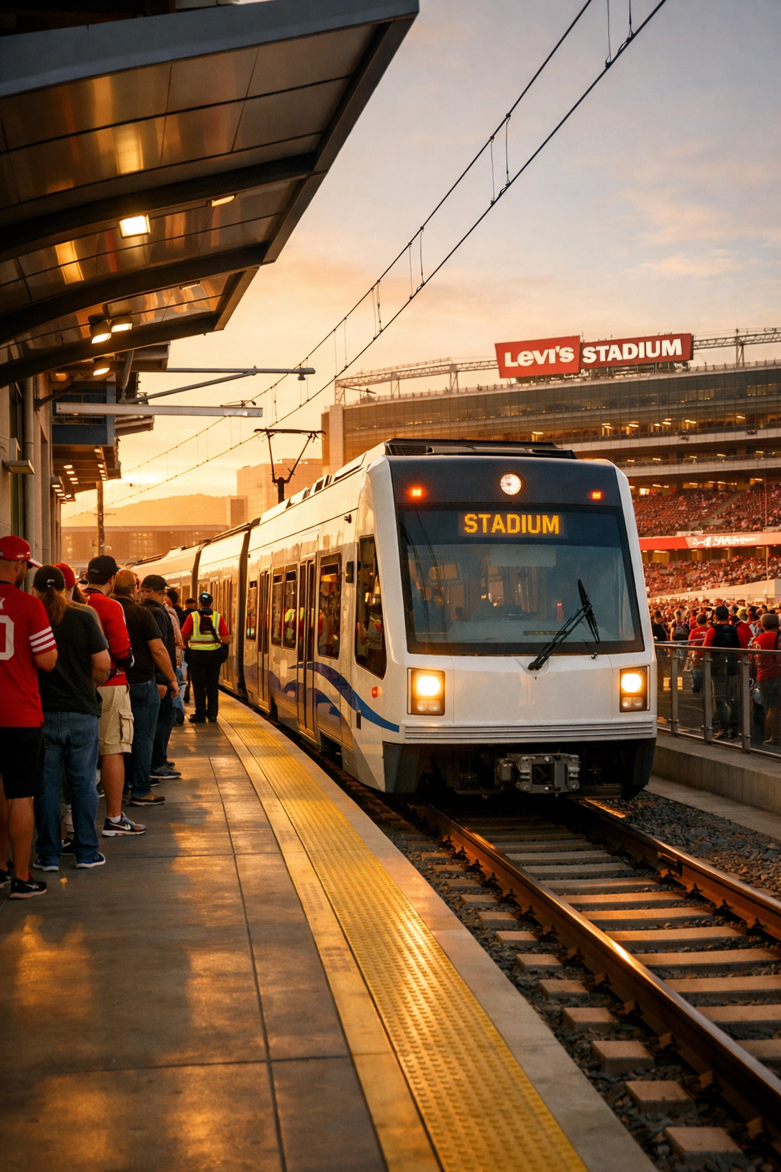 Light rail train bringing Super Bowl fans to Levi's Stadium via public transportation