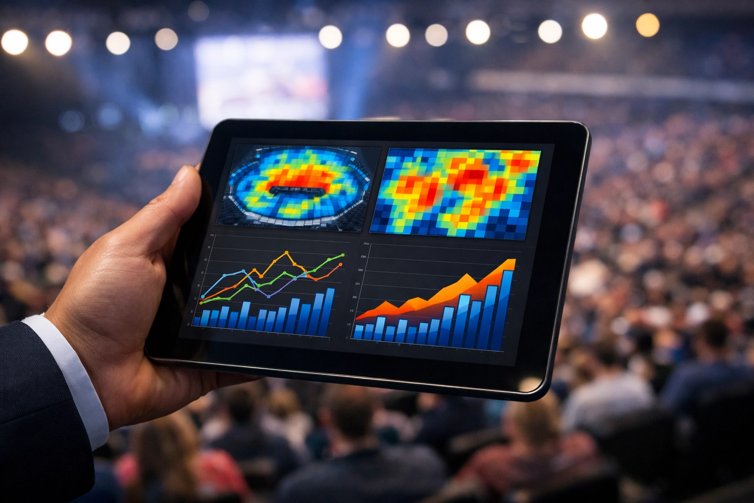 Data analytics professional monitoring event engagement insights on a tablet for venue brand partnership ROI.