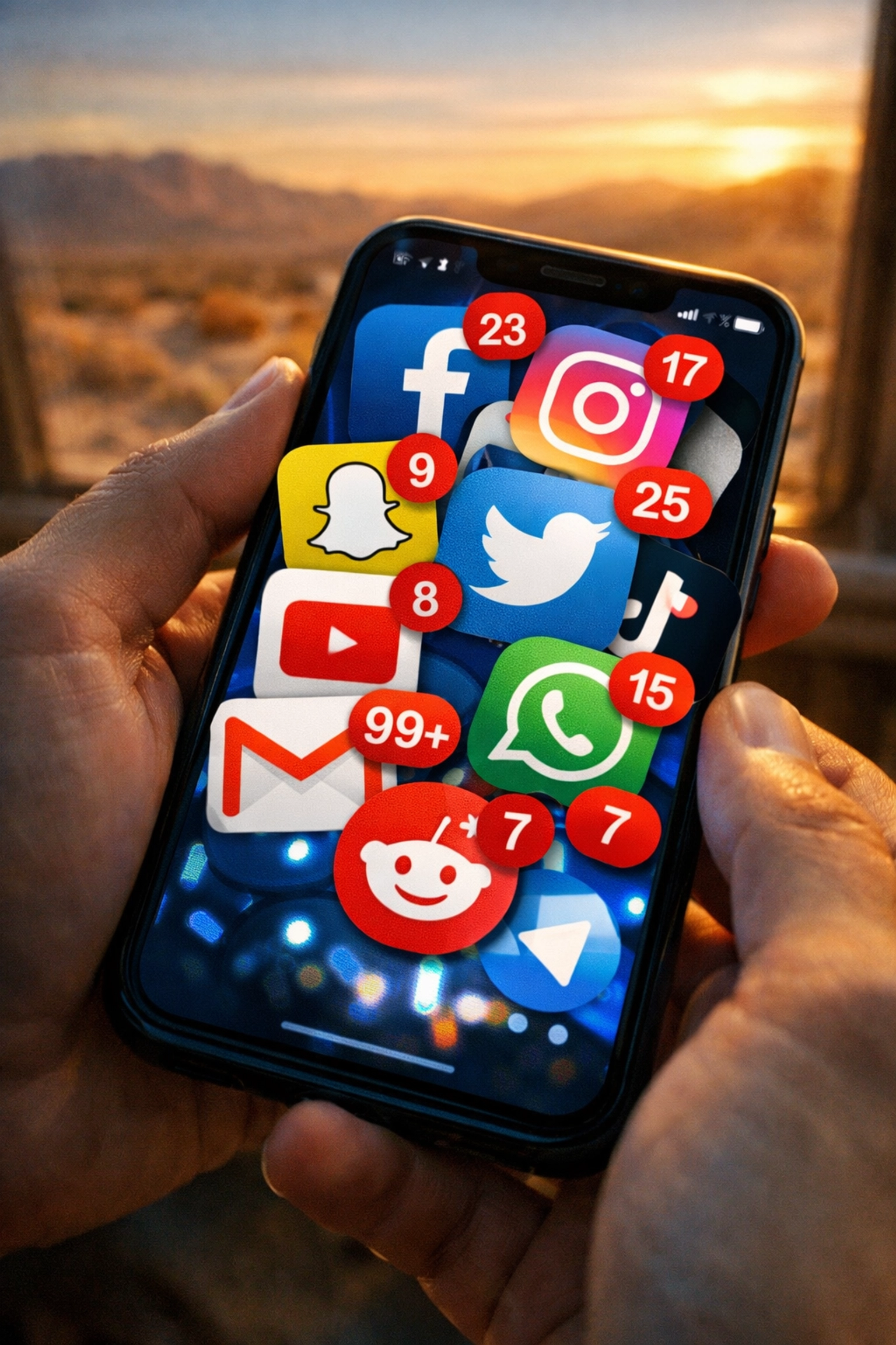 Smartphone screen crowded with social media notifications showing digital ad overload