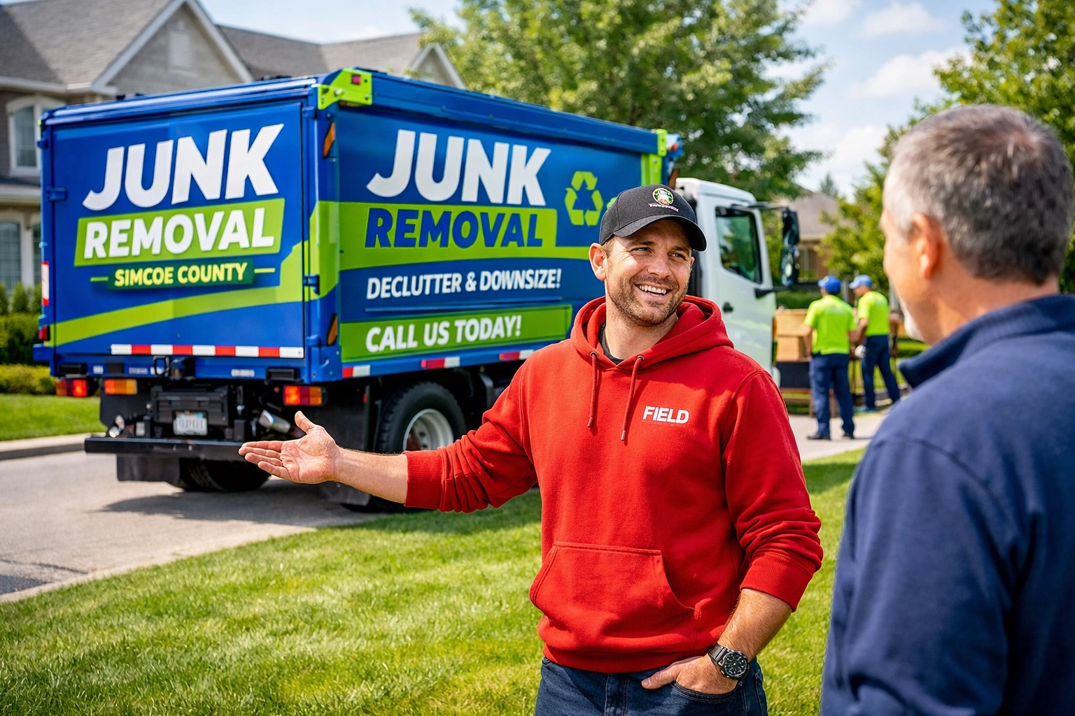 Junk GTA owner Roman discussing reno waste disposal with an East Gwillimbury homeowner during an estate clean-up.