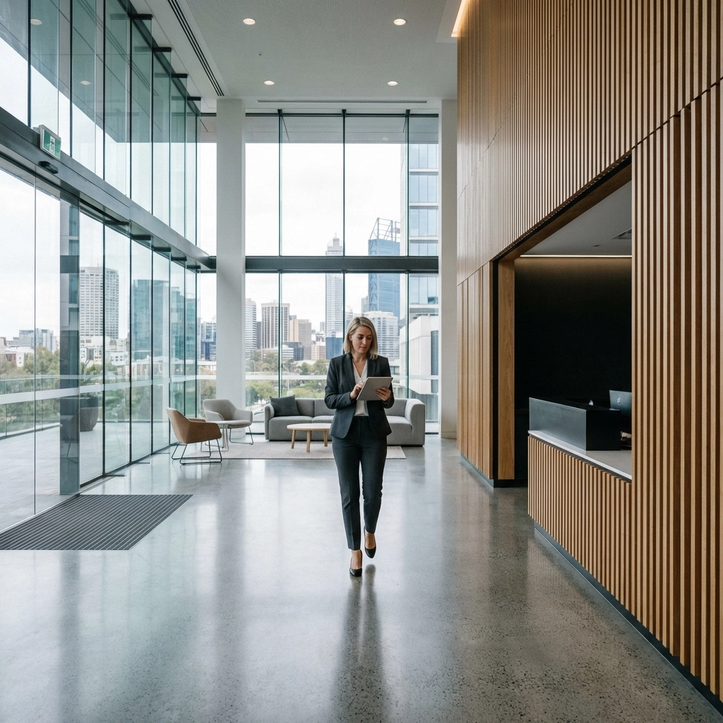 Property manager with tablet in contemporary Adelaide commercial building lobby, exemplifying property management and leasing environments.