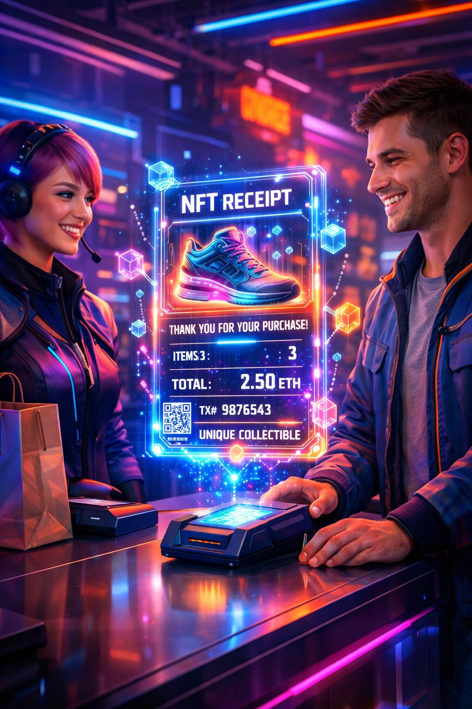 Customer receiving NFT receipt at crypto point-of-sale terminal for blockchain payment