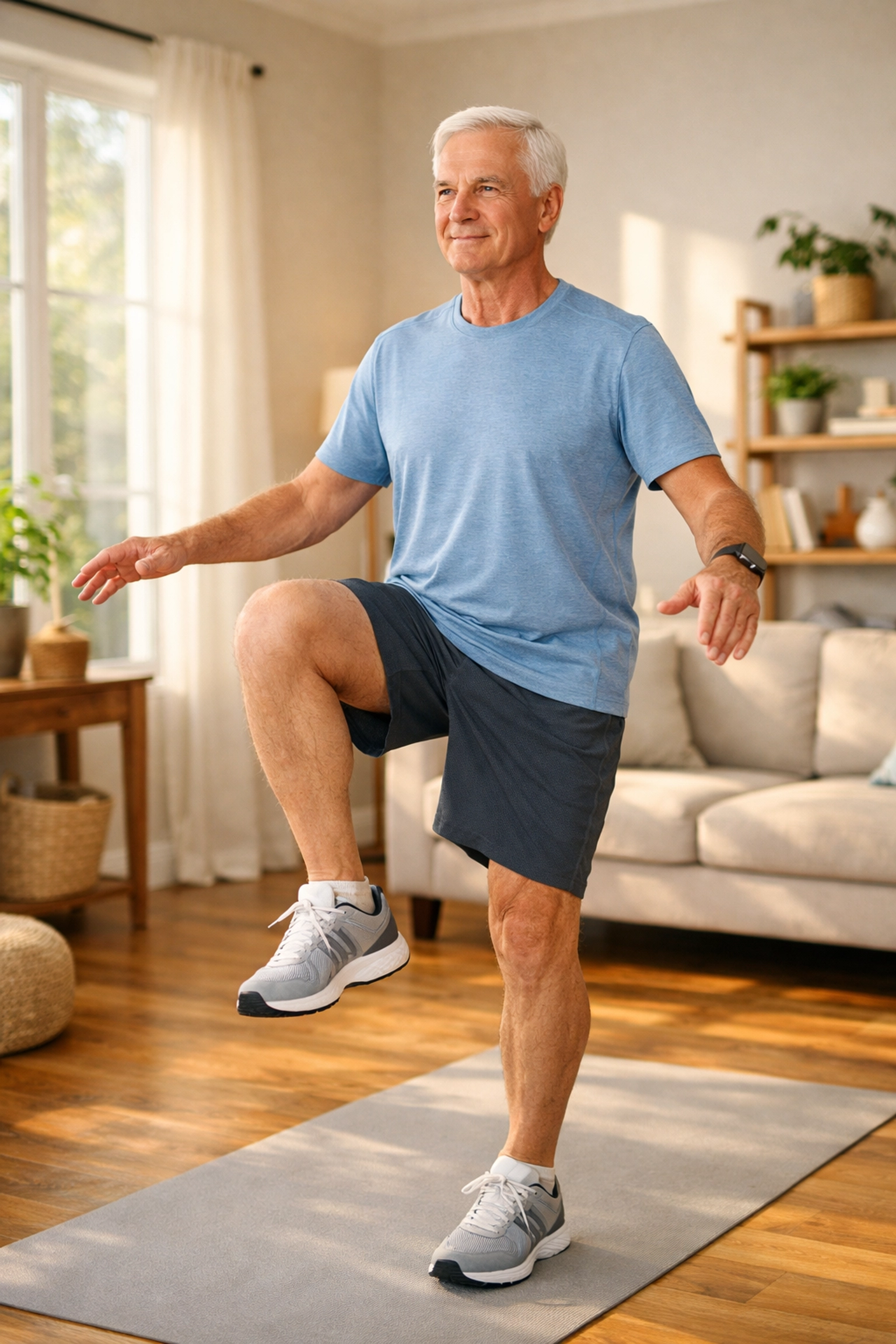 Senior man performing balance exercises standing on one leg in a bright living room to prevent falls.