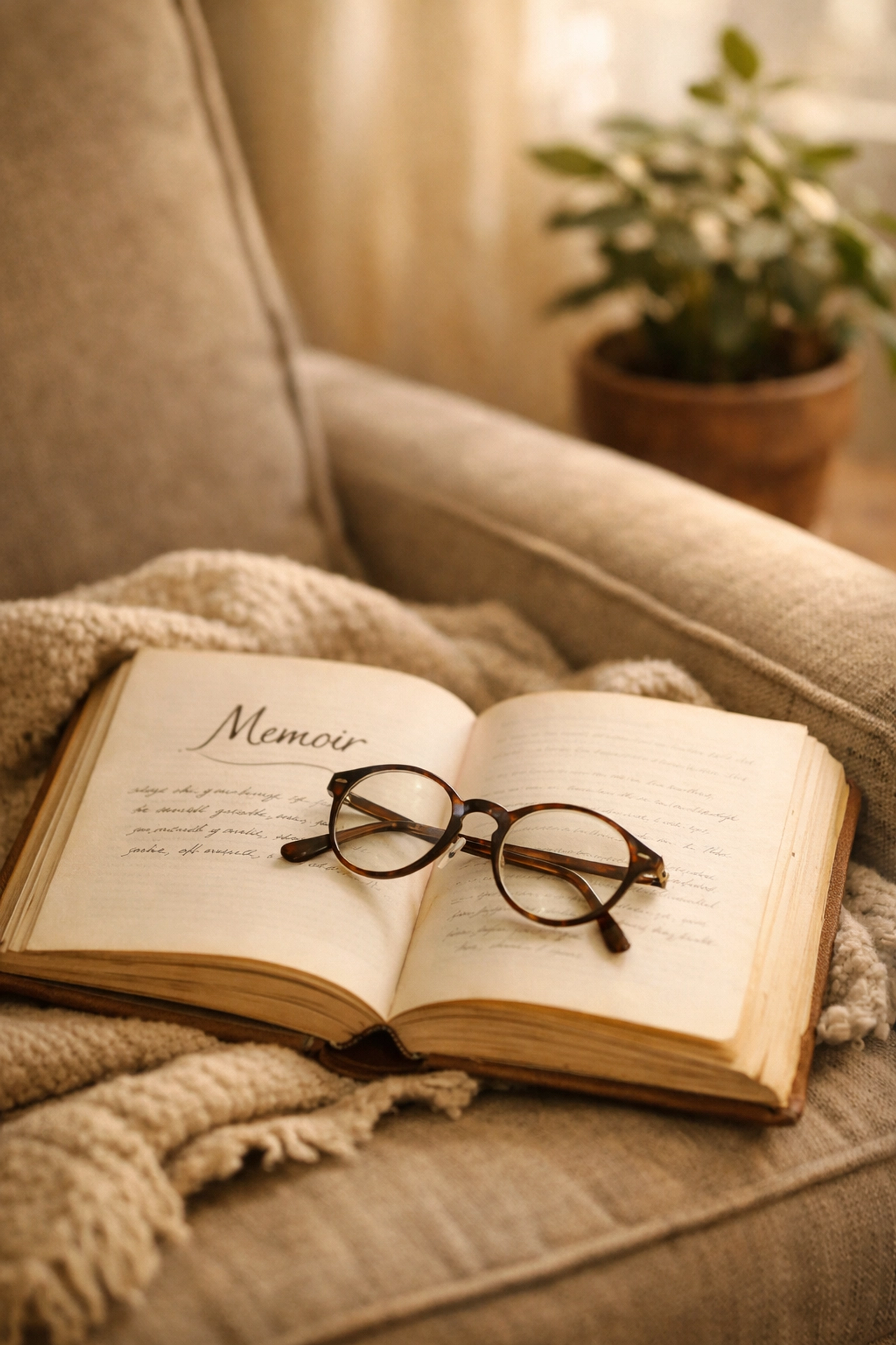 Open memoir book with reading glasses on chair representing spiritual formation