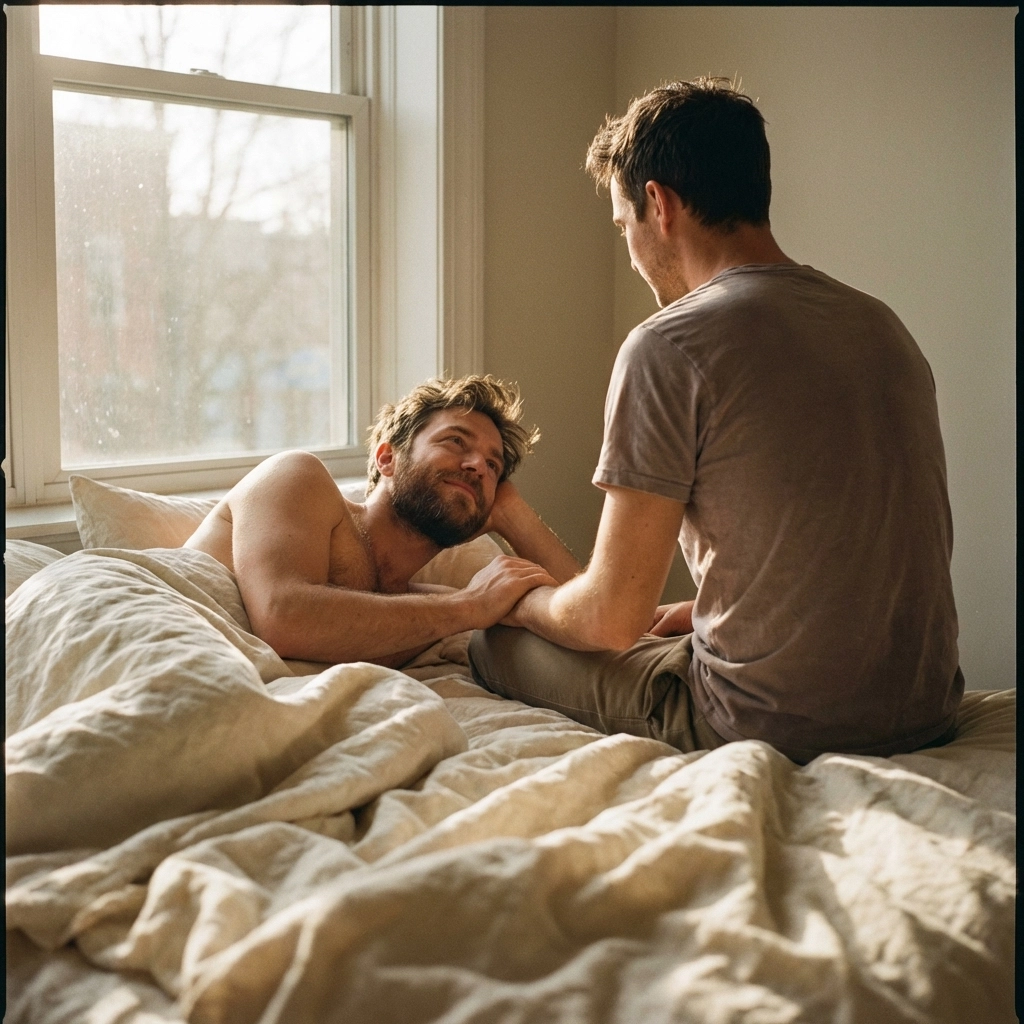 Intimate photo of two men in a sunlit bedroom, representing raw connection and the beauty of the natural gay body.