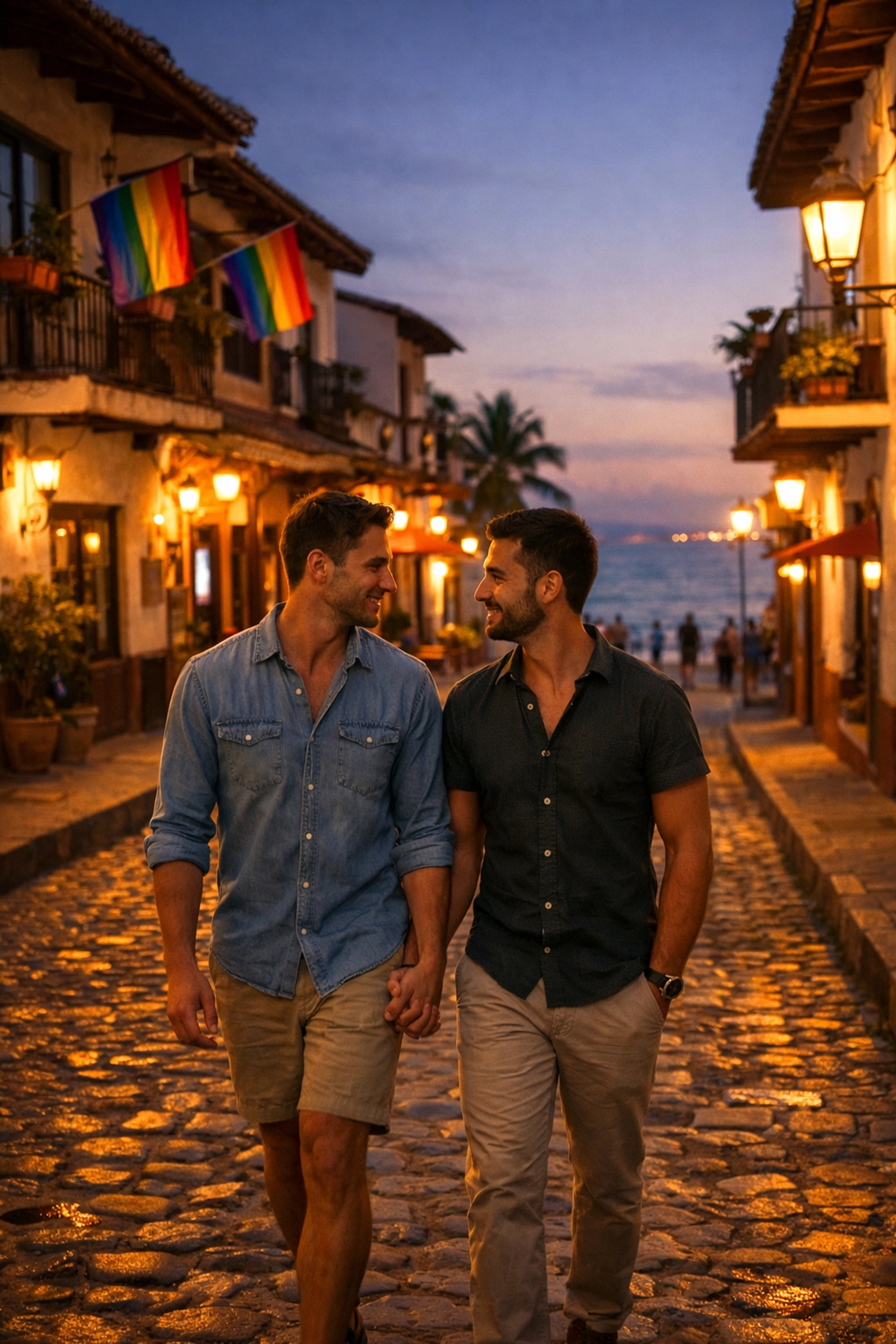 Gay couple holding hands in Puerto Vallarta's Romantic Zone at sunset