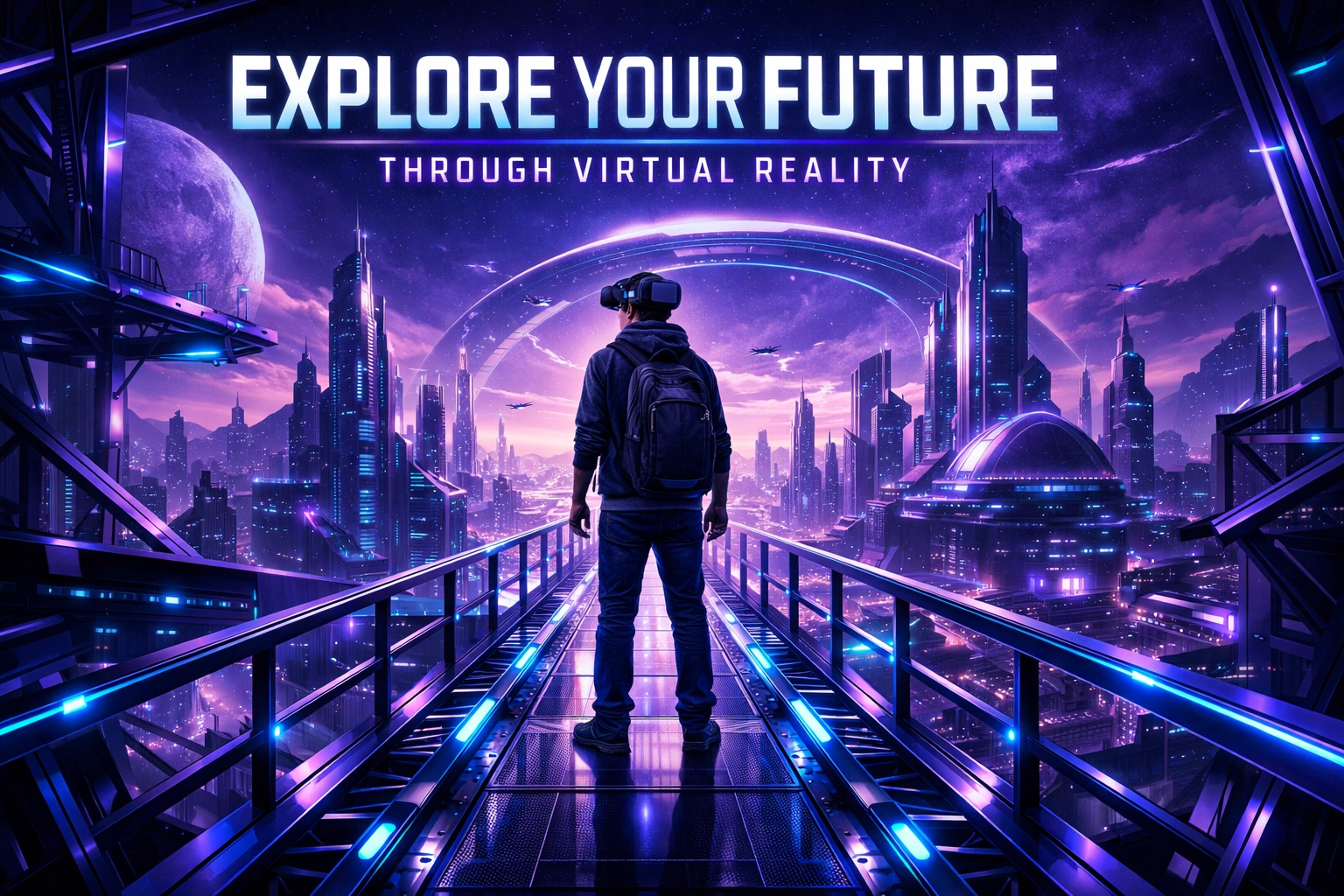 Student overlooking a futuristic city using VR career exploration to discover new opportunities.