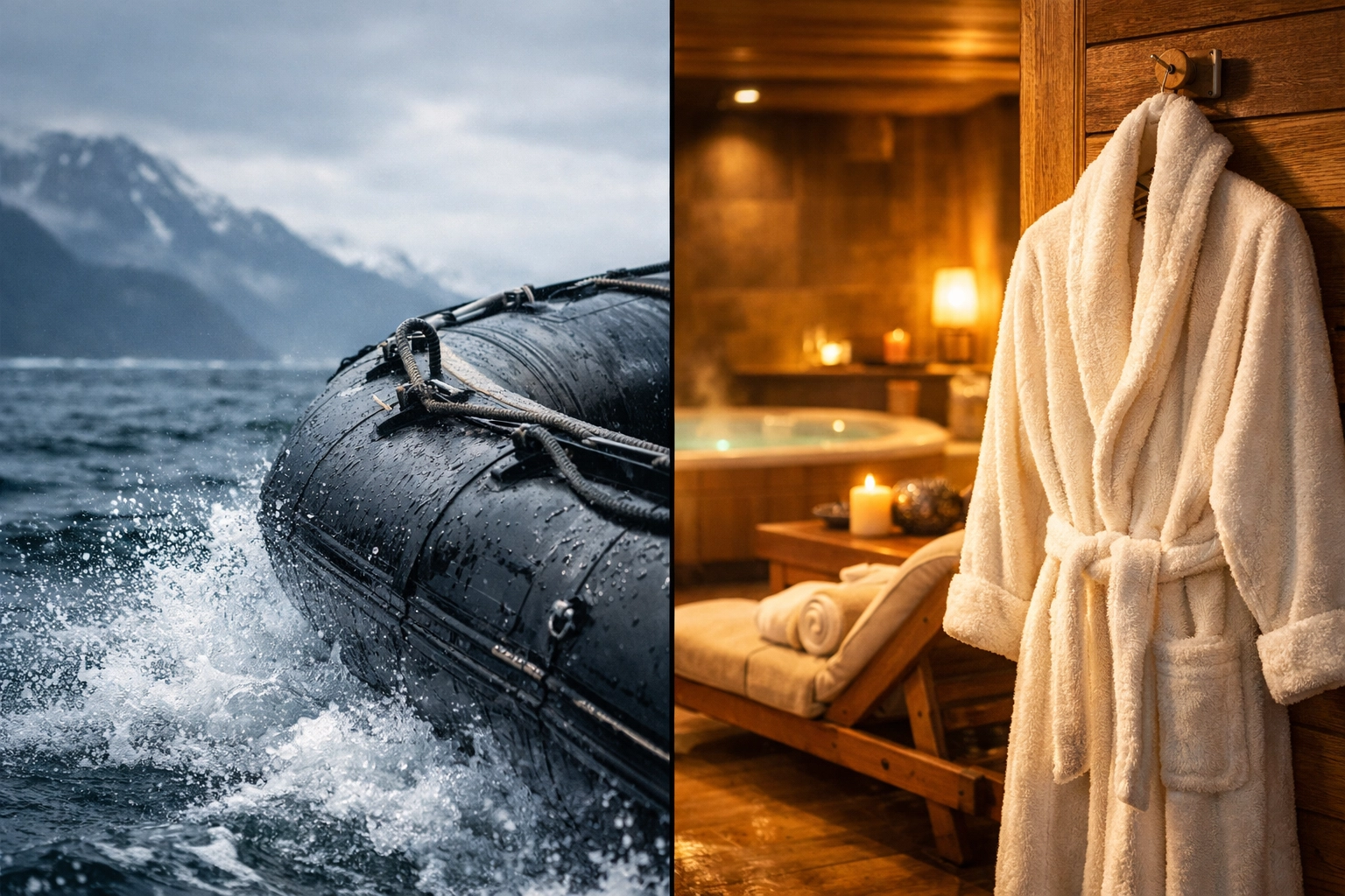 Transitioning from a cold Alaskan zodiac boat ride to the warm Seabourn Quest luxury spa interior.