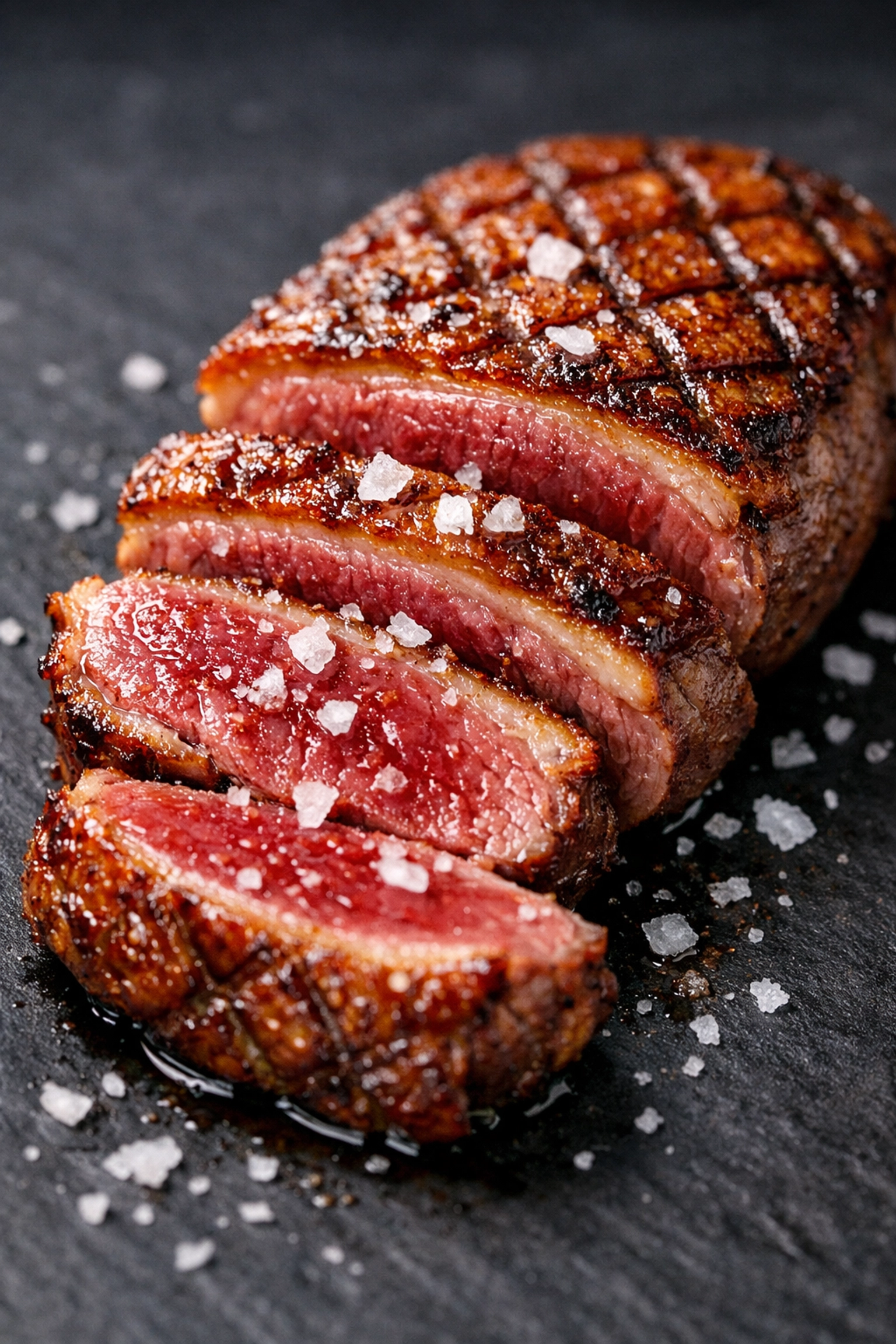 Sliced medium-rare pan-seared duck breast with crispy golden-brown skin on a dark slate.