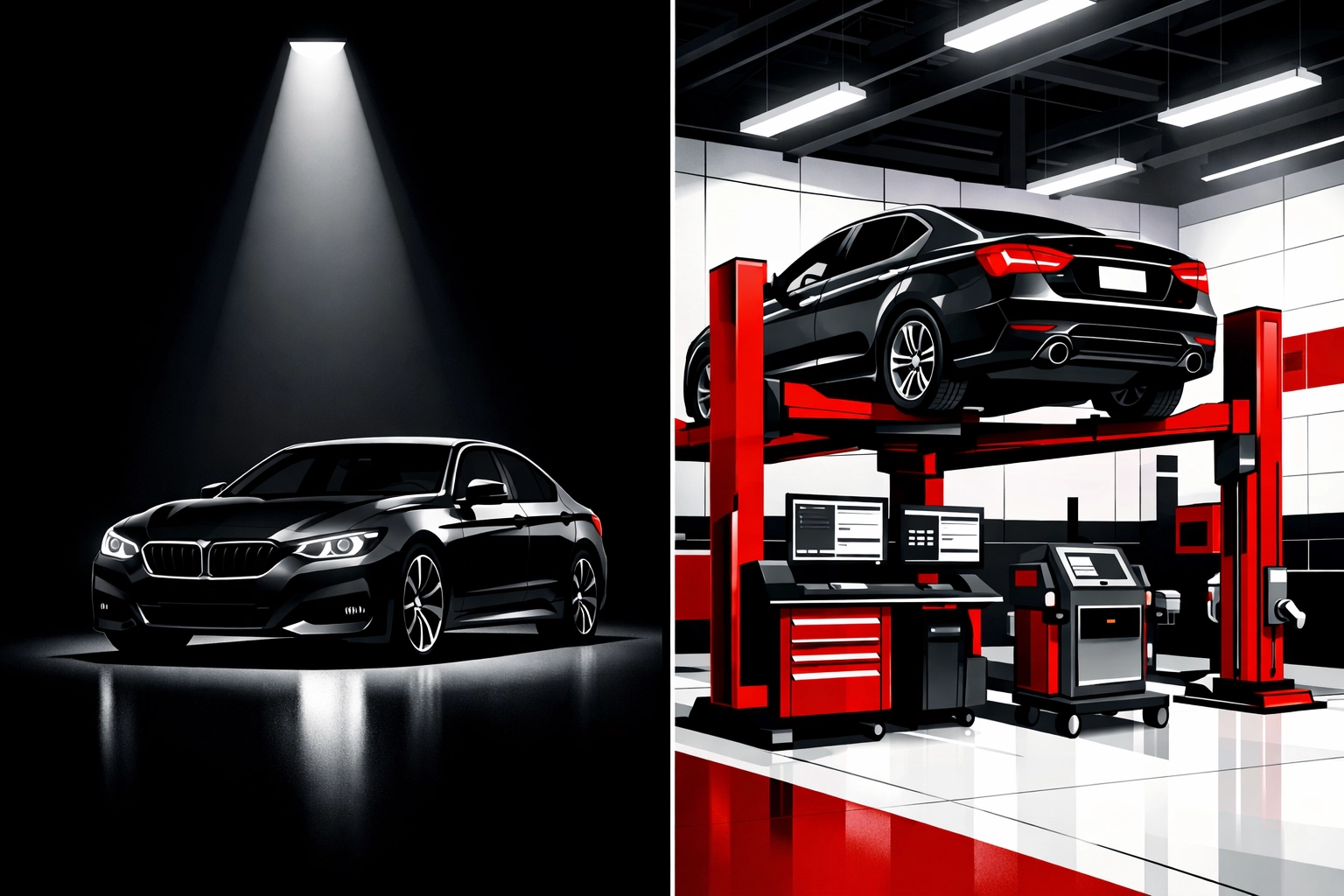 Modern car showroom and a dealership service bay illustrating sales and vehicle maintenance traffic.