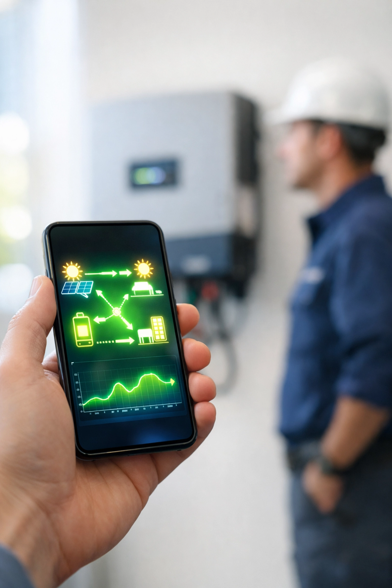 A business owner using a mobile app to monitor real-time solar energy production and savings.