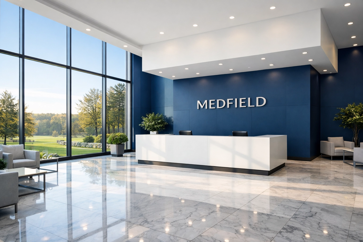 Clean and professional corporate lobby in Medfield with polished marble floors and white reception desk.