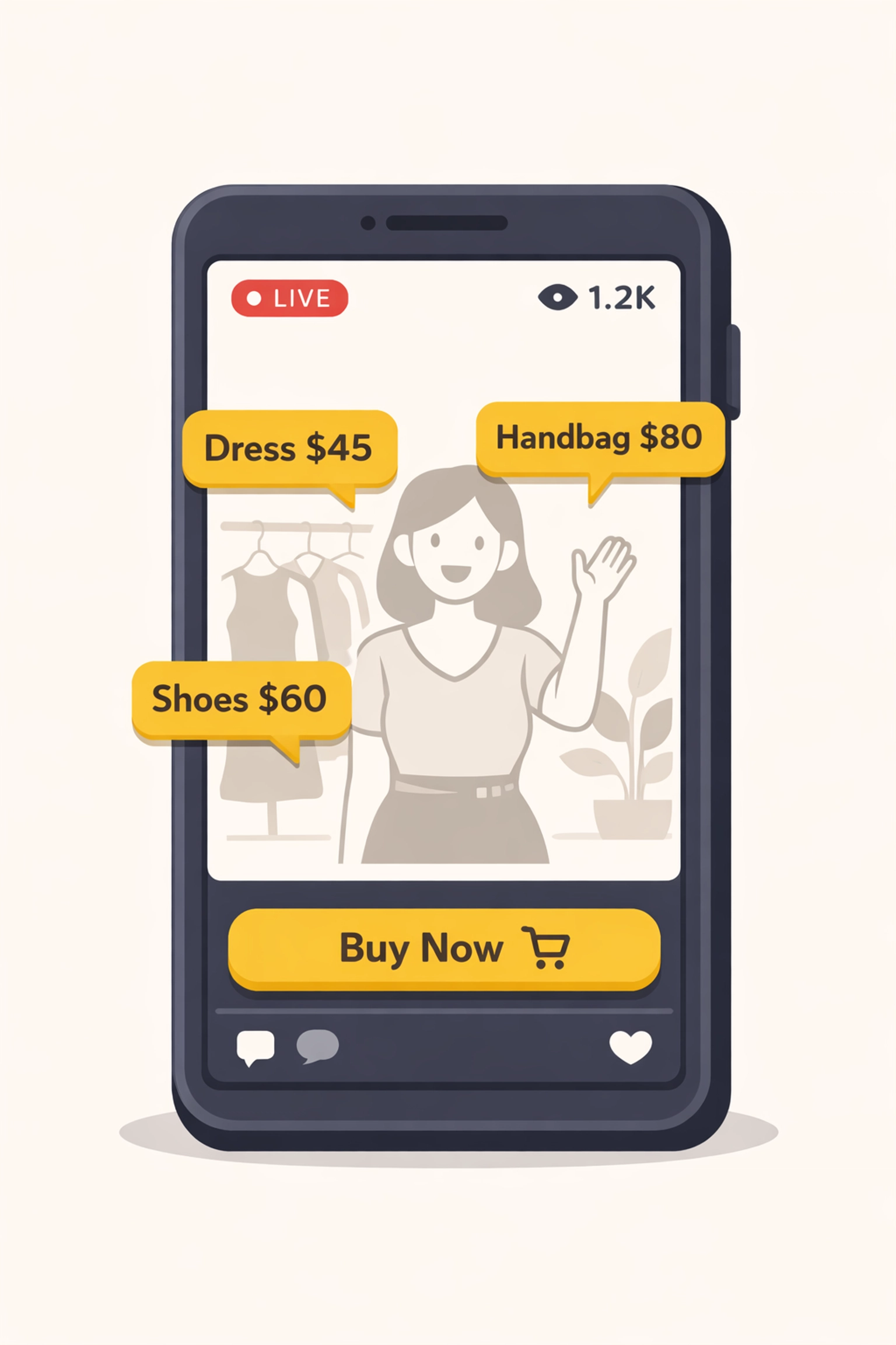 Mobile live stream shopping interface with clickable product tags and purchase options