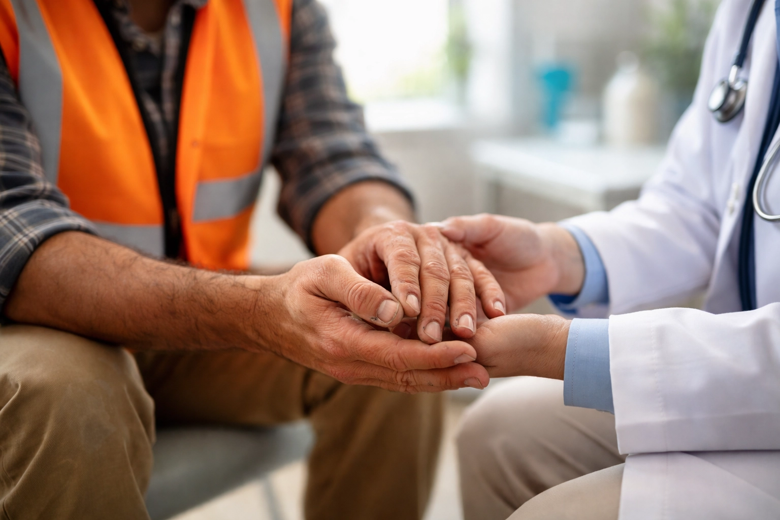 Construction worker's hands examined by a doctor, illustrating medical coverage under Washington workers' comp.