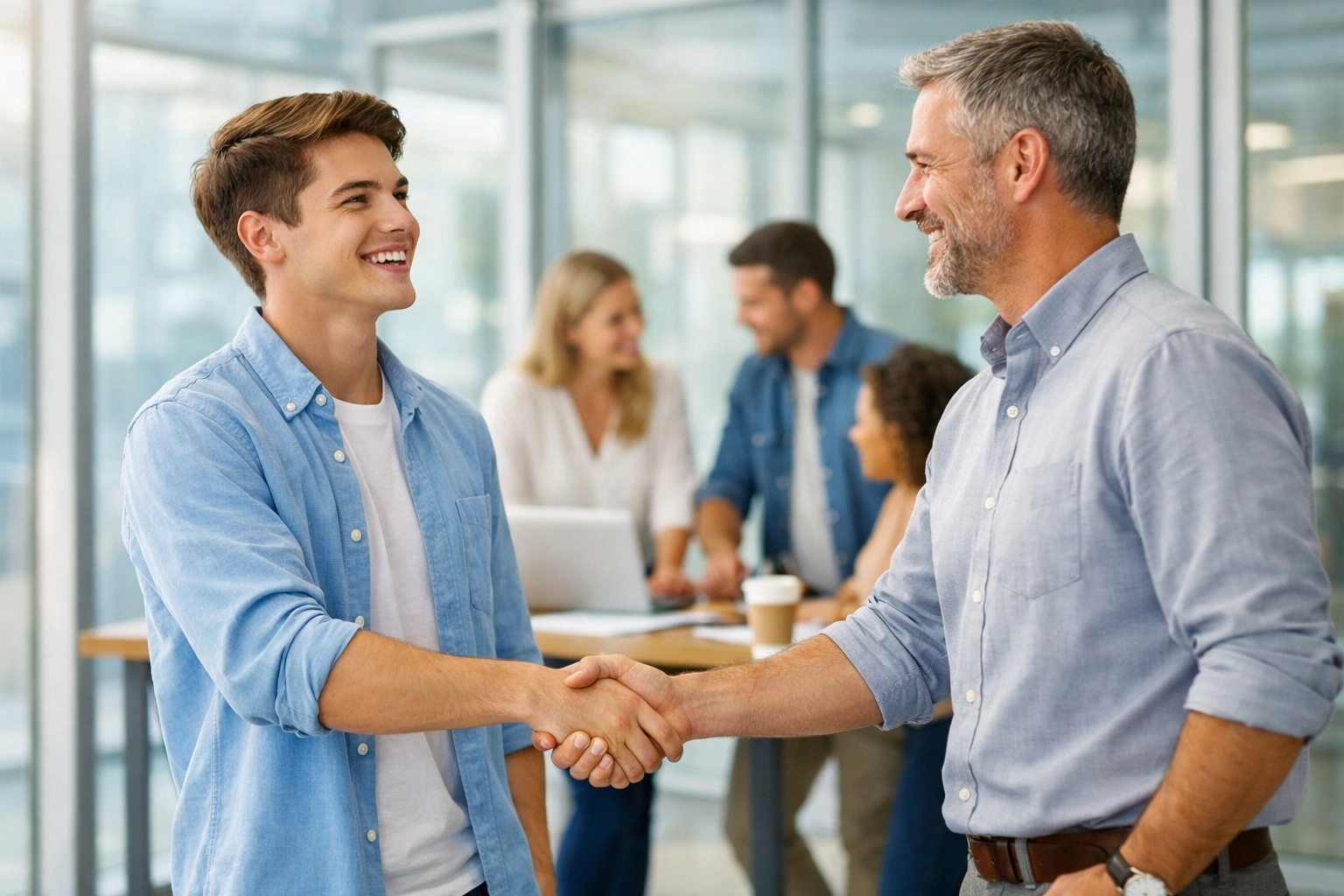 Young intern shaking hands with mentor at tech company office