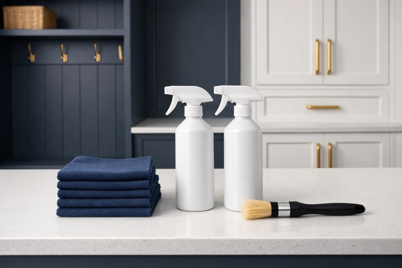 Organized professional cleaning supplies on a quartz counter for luxury house cleaning in Duxbury estates.