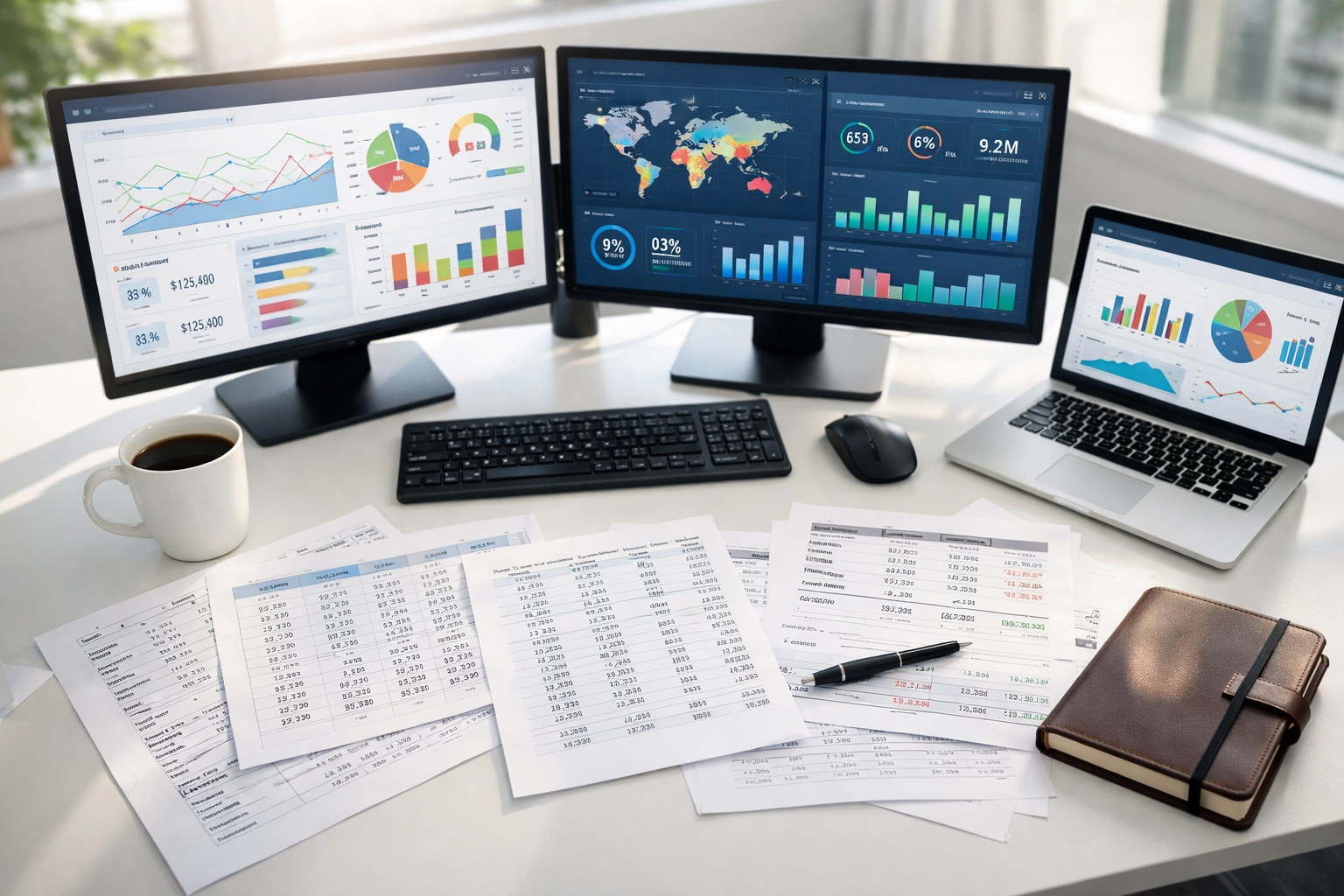 Business desk with raw data spreadsheets contrasted against colorful analytics dashboards on monitors