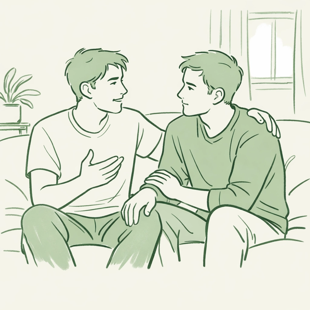 Two men sharing a supportive conversation about queer identity and emotional connection.