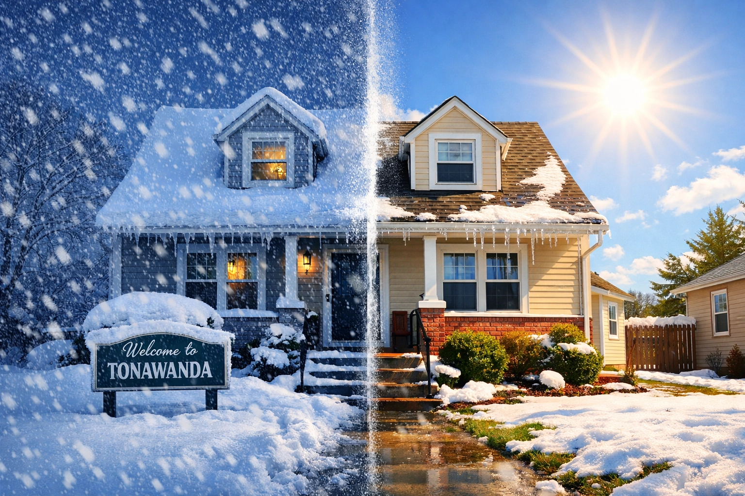 Tonawanda home in snow and sun, showing WNY weather swings that cause furnace short cycling.