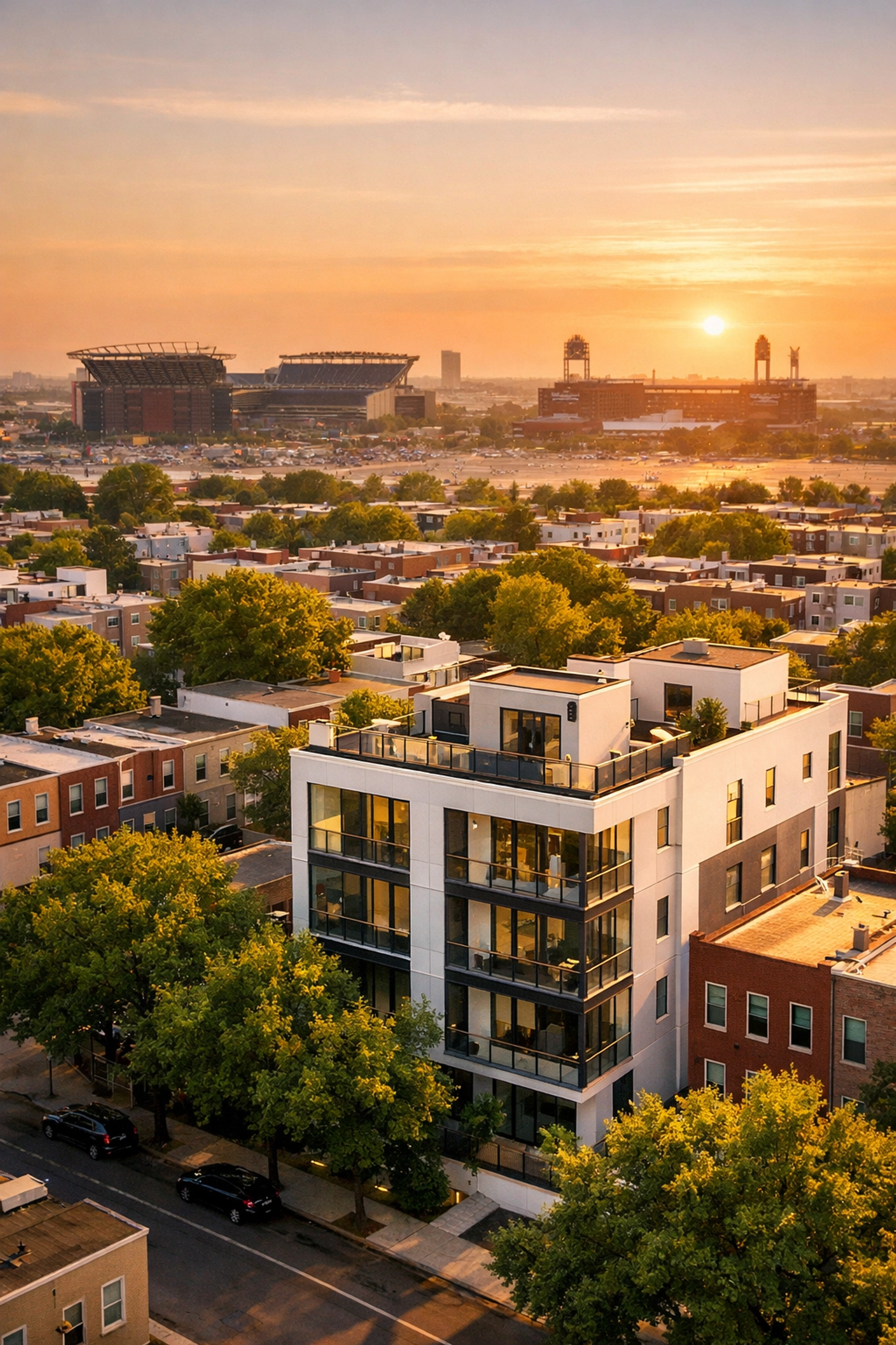 Modern multi-family housing in Philadelphia near the stadium complex, a prime target for real estate lending.