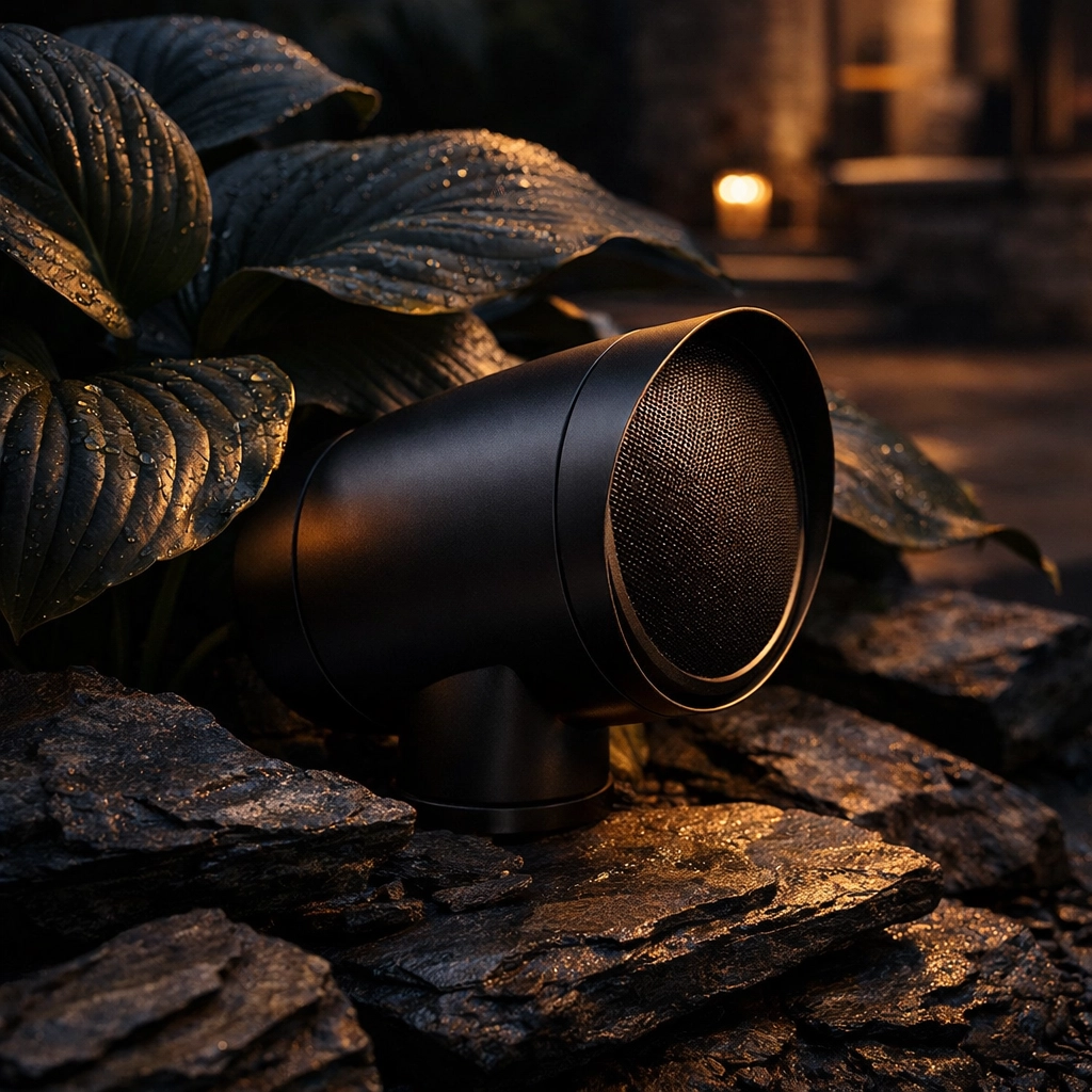 Modern landscape speaker hidden in backyard foliage as part of a custom home audio installation.
