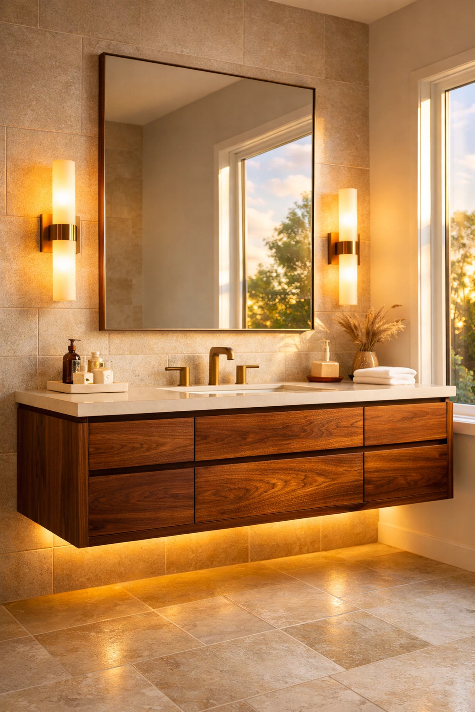 Custom bathroom vanity with layered lighting design including sconces and under-cabinet lights