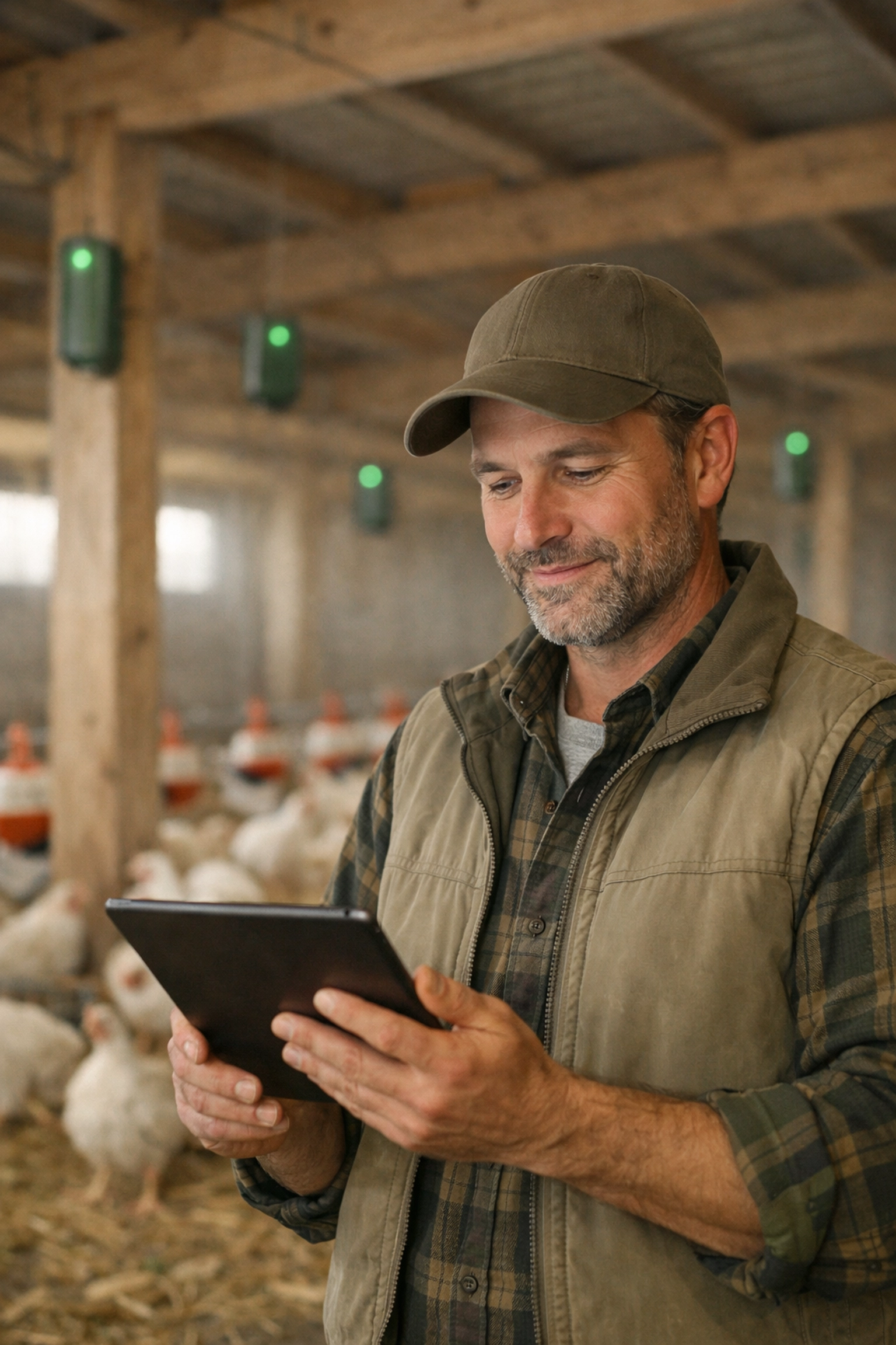 Modern farmer monitoring a poultry barn using a tablet and smart wireless sensor technology.