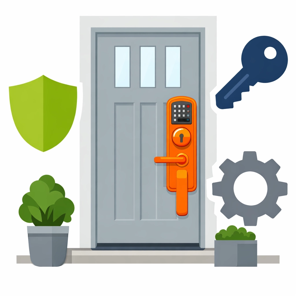 Reliable emergency locksmith Bristol securing a modern front door with high-security locks and protection icons.