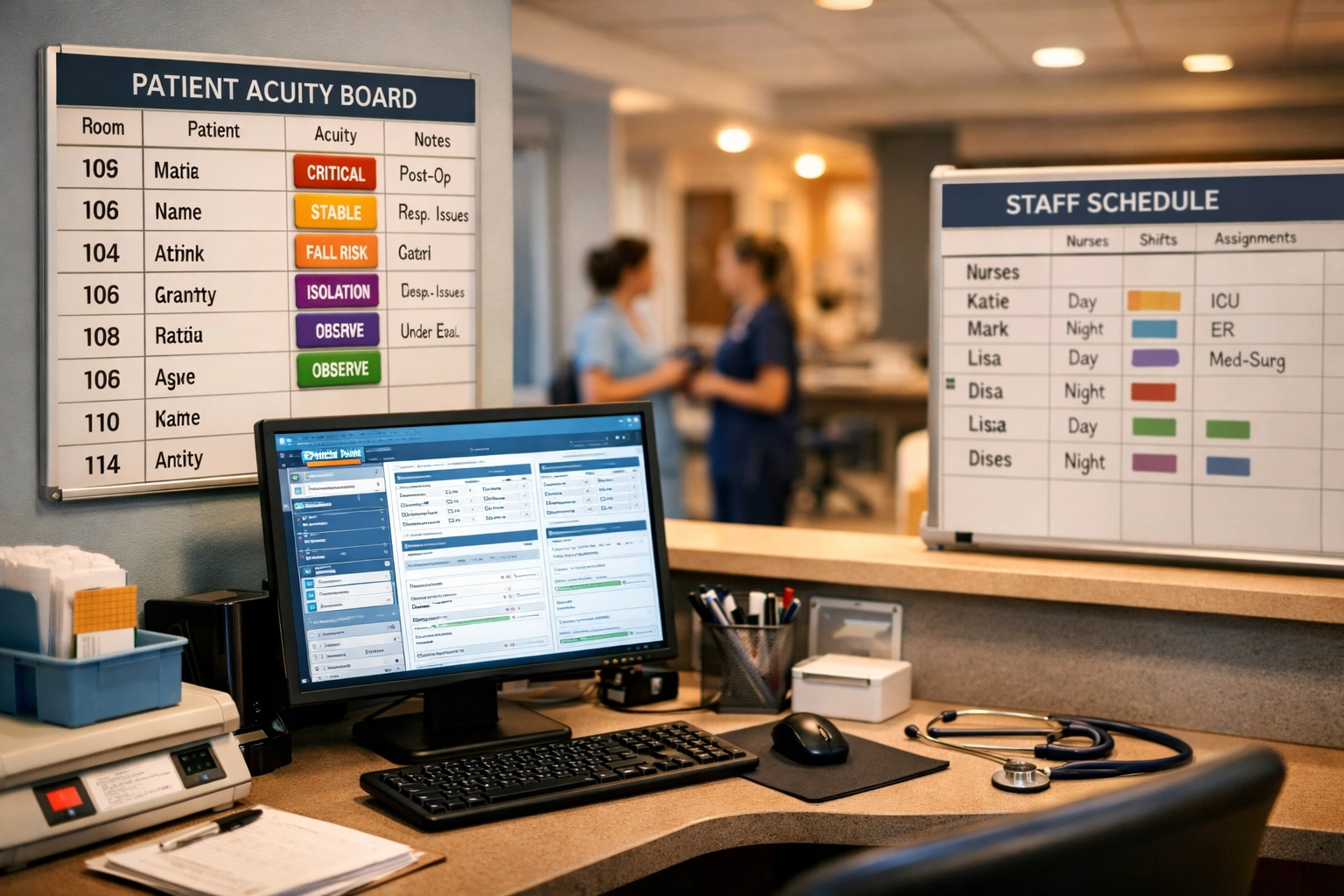 Nursing station with patient acuity board and electronic health records system
