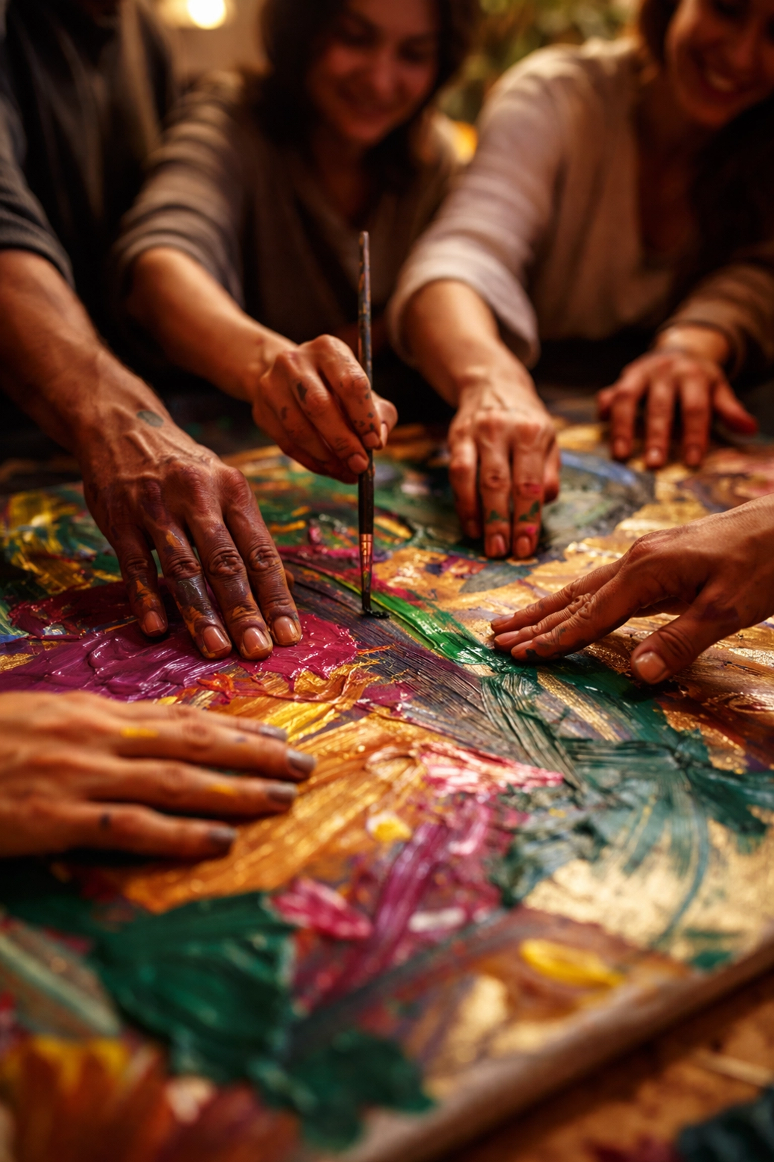 Close-up of diverse hands painting abstract art collaboratively at a workshop, emphasizing inclusive team building activities.
