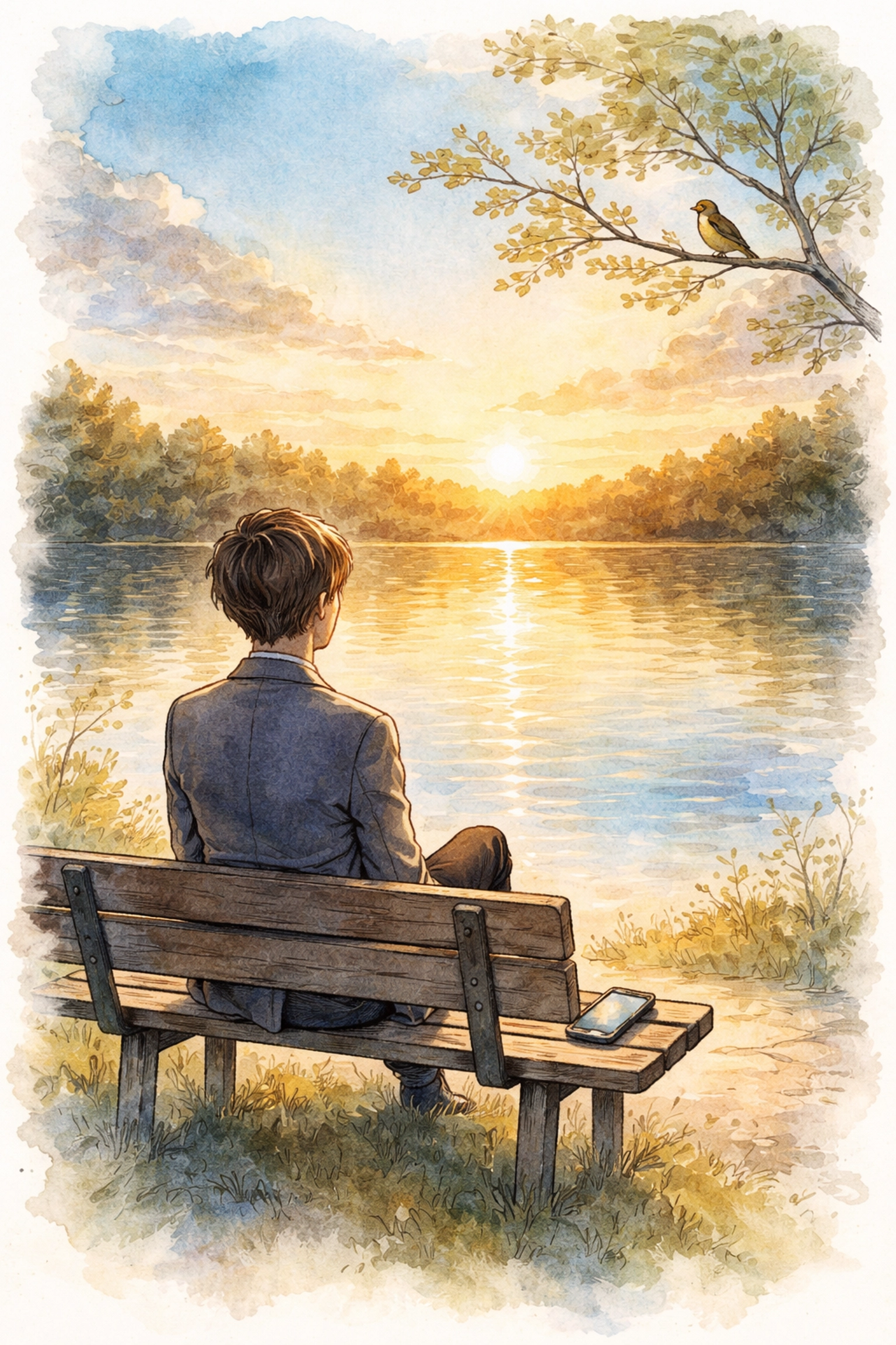 Young professional on park bench at sunset, pausing from phone to reflect: Christian dating and personal growth concept.