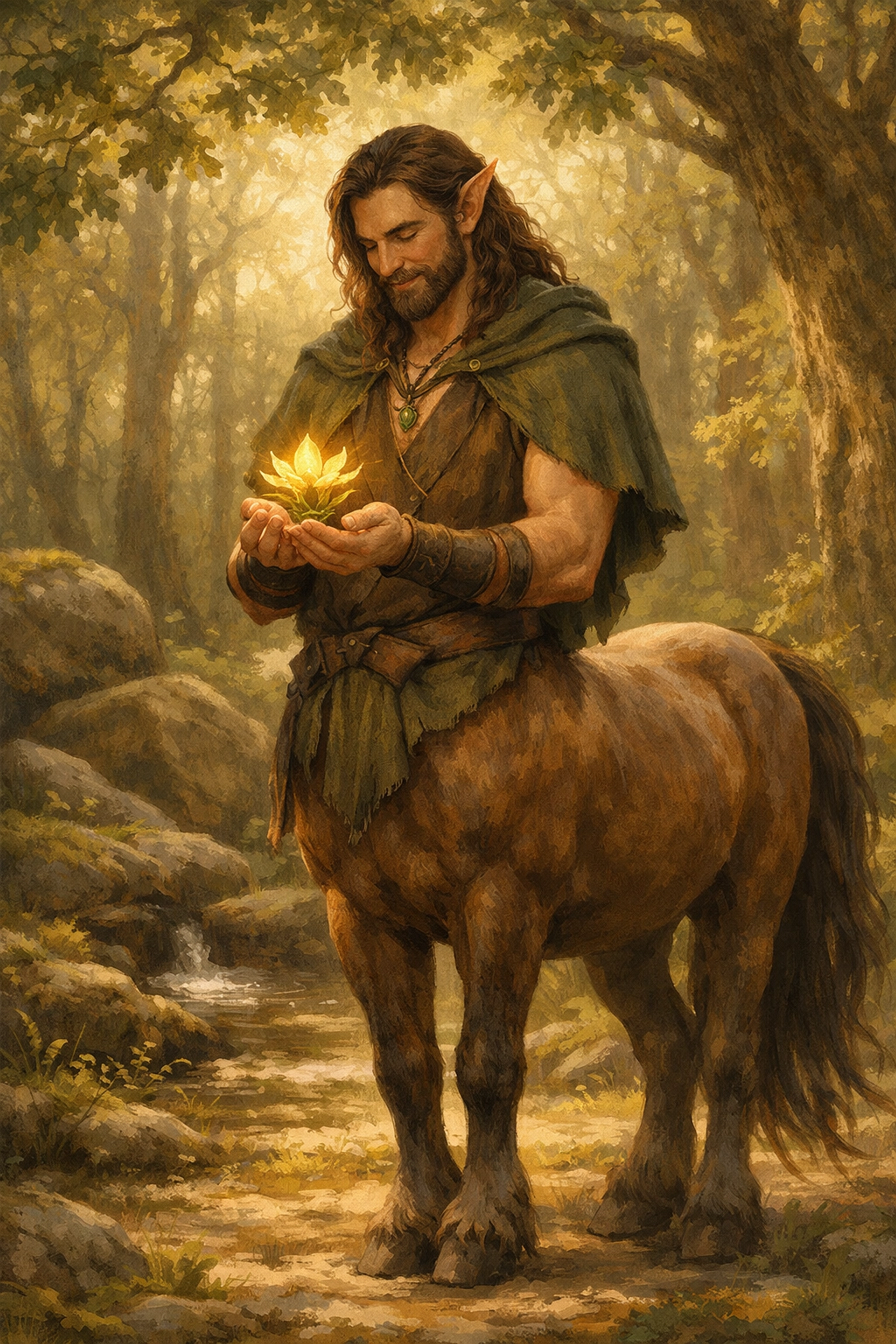 A wise centaur in a sunlit forest holding a medicinal flower, representing the Chironian journey of healing.