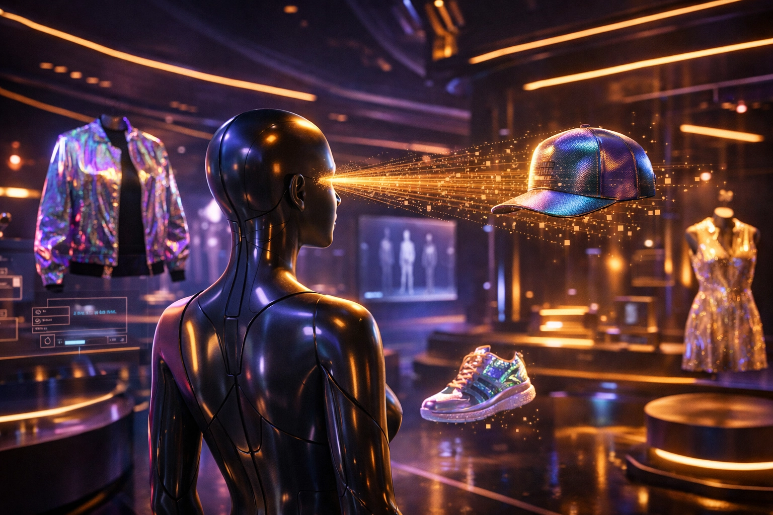 An avatar browsing a Larecoin-powered metaverse store using AI gaze-tracking for a custom shopping experience.