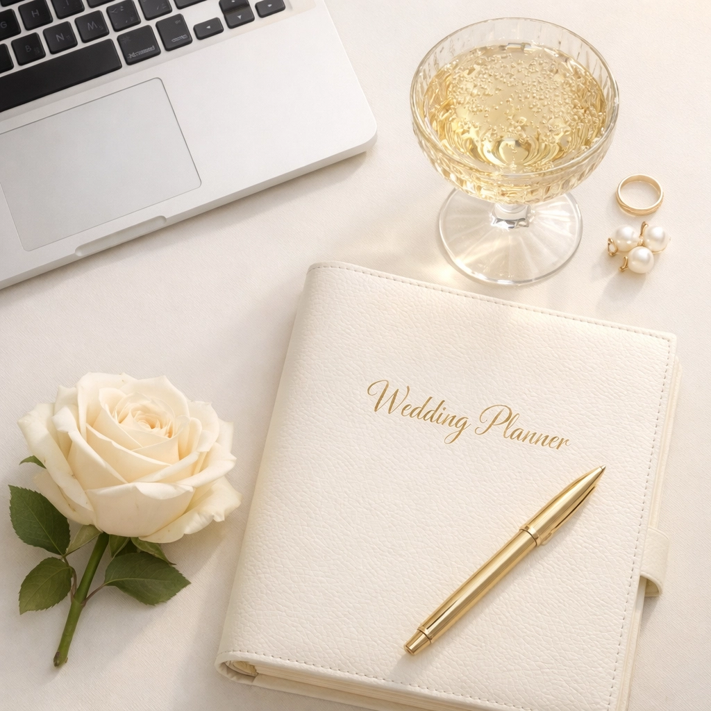 Elegant workspace for wedding budget planning and digital invitation management.
