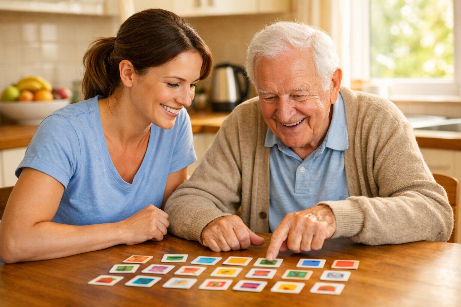 Professional carer engaging elderly man with dementia in memory games at home