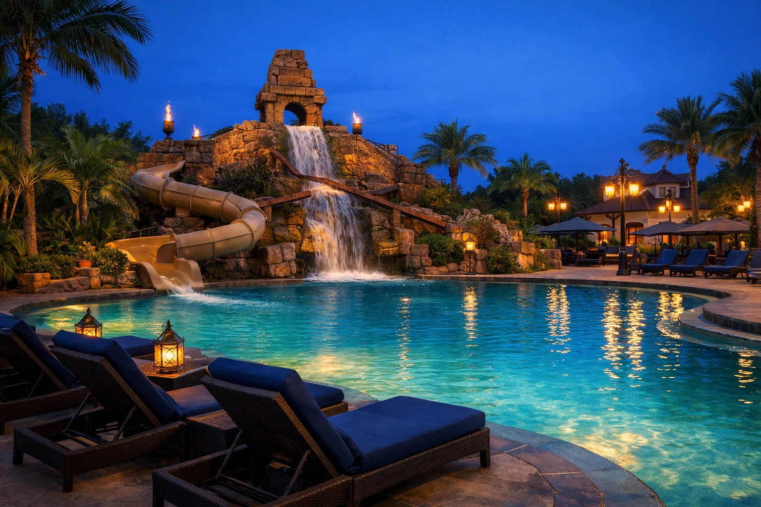 A serene Disney Moderate resort pool with a water slide, highlighting upgraded family amenities.