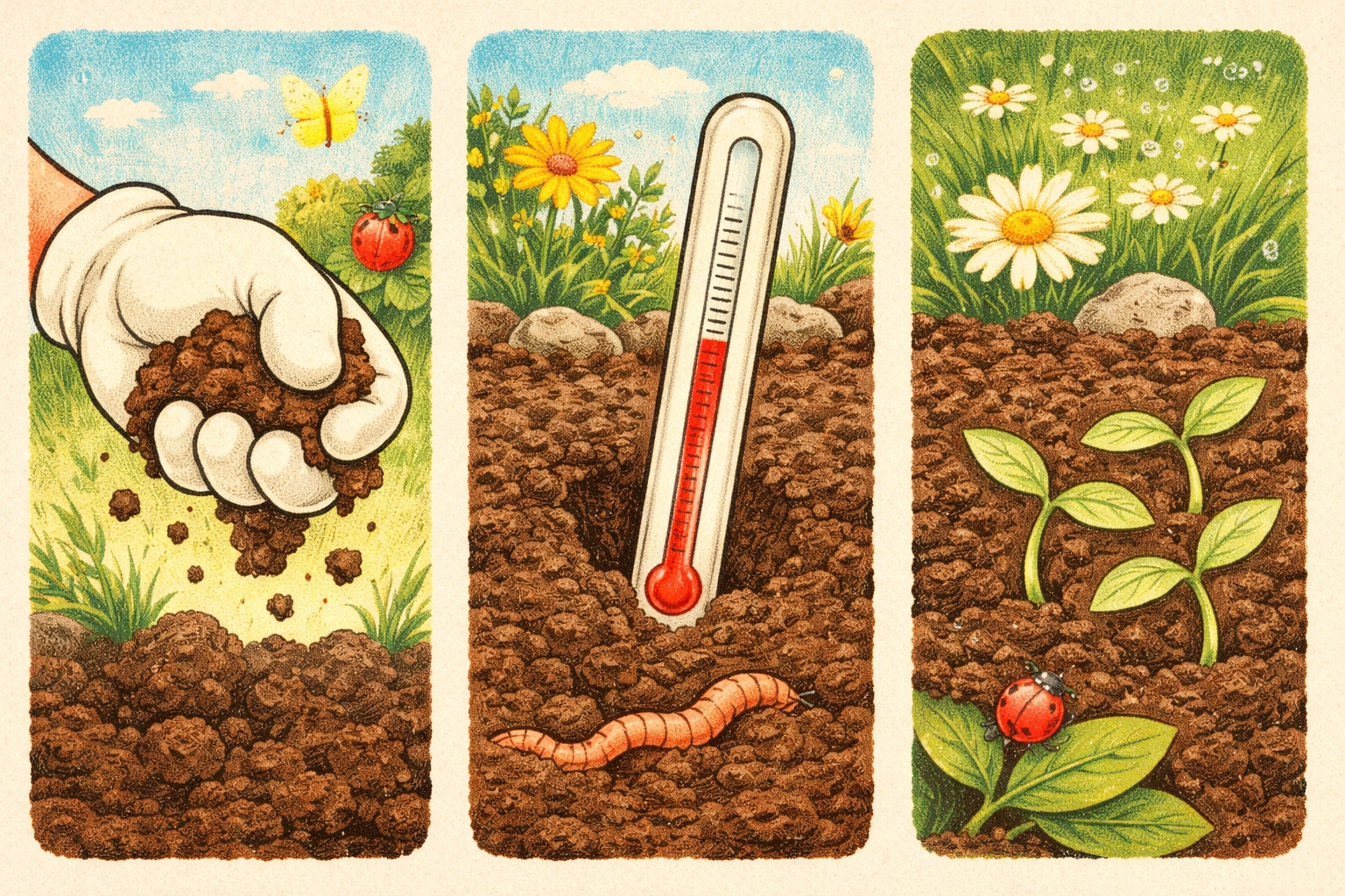 Whimsical 1950s-style storybook illustration of three soil-readiness tests: squeeze test, soil thermometer, and weeds sprouting, no text.