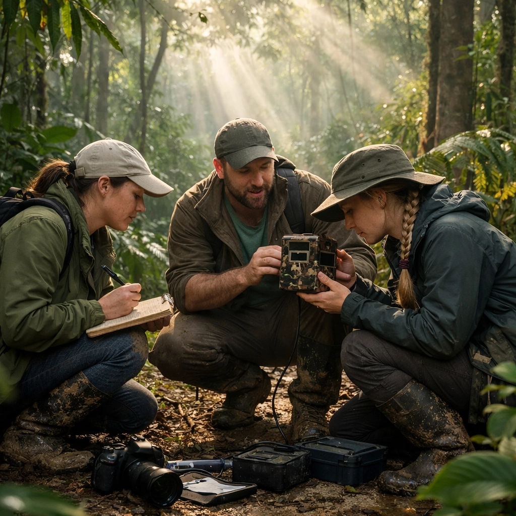 Zoo conservation team conducting wildlife research in tropical forest habitat