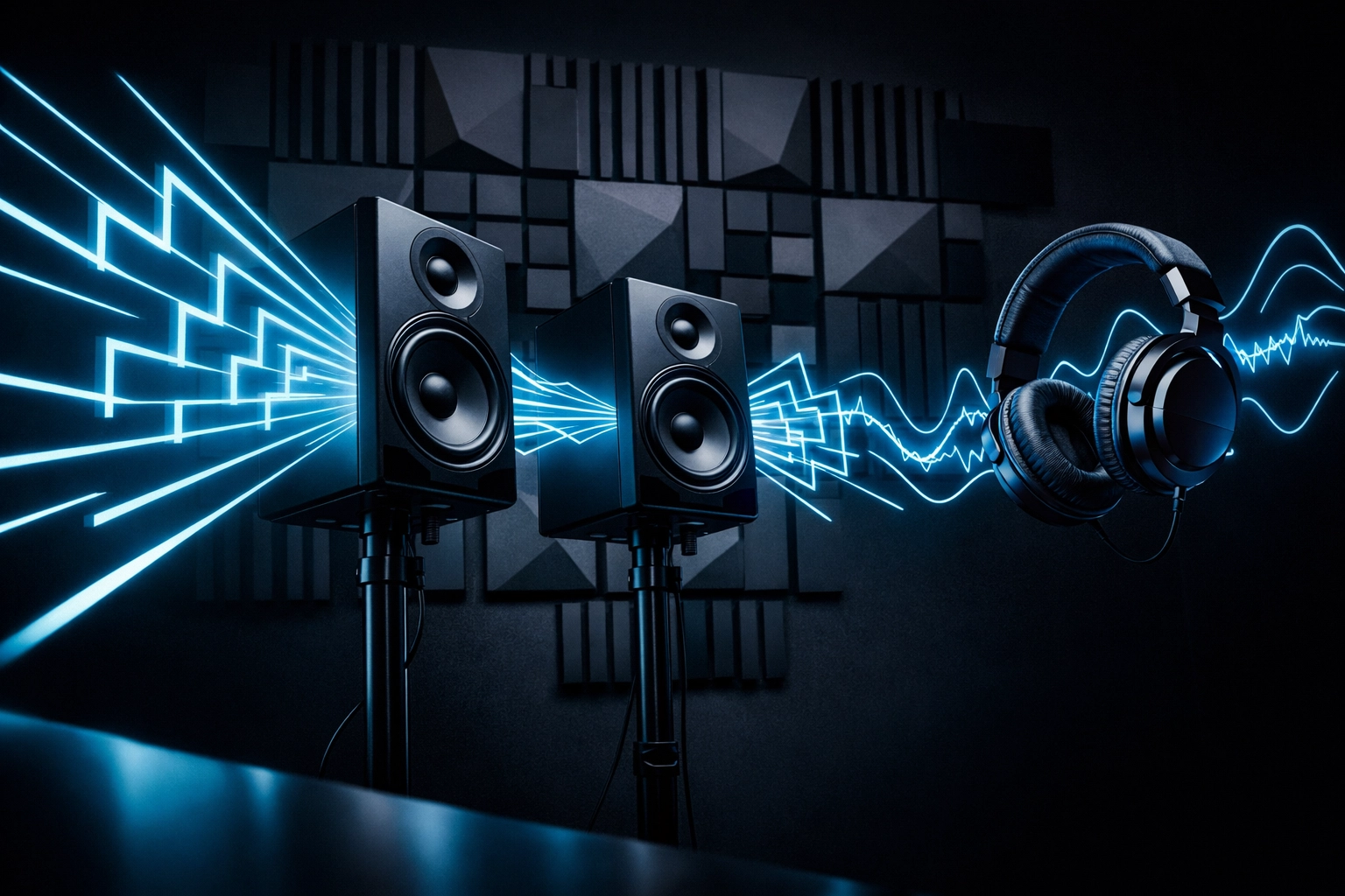 Studio monitors with acoustic panels and headphones for accurate home studio monitoring