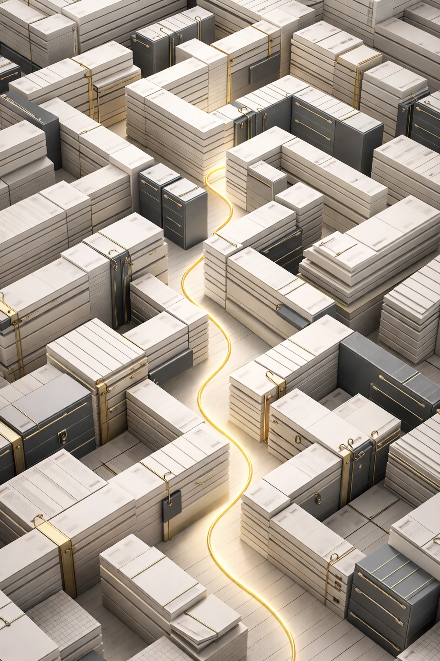Aerial view of a maze made of financial documents with a golden thread, representing alternative investment complexity