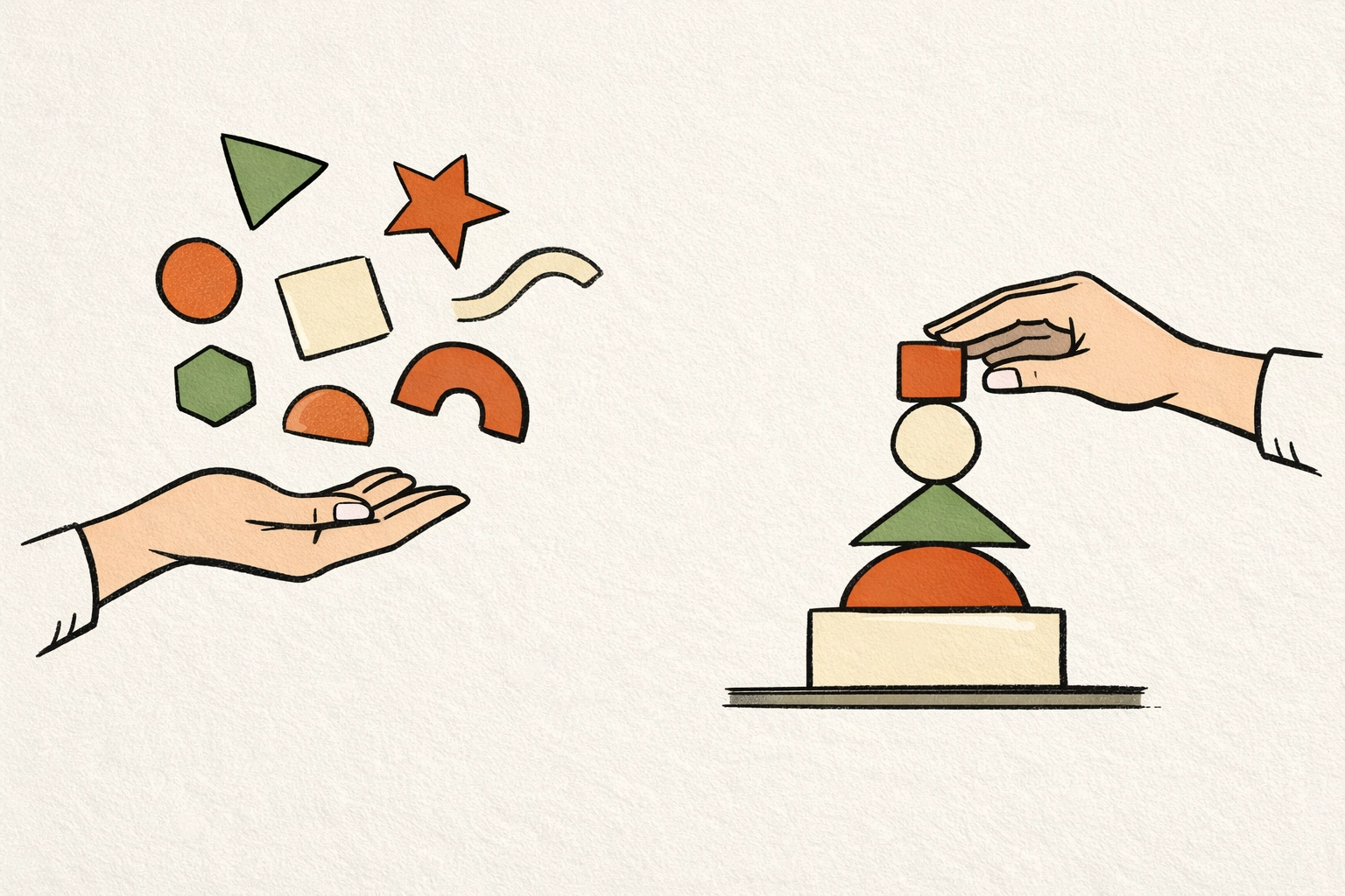 Editorial illustration showing hands organizing scattered brand ideas into a clear, strategic business structure.