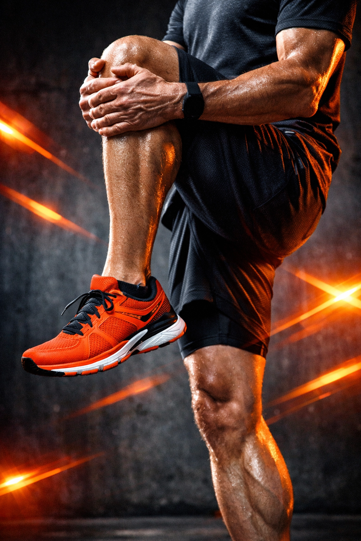 Close-up of a runner over 40 stretching their legs to warm up and prevent running injuries.