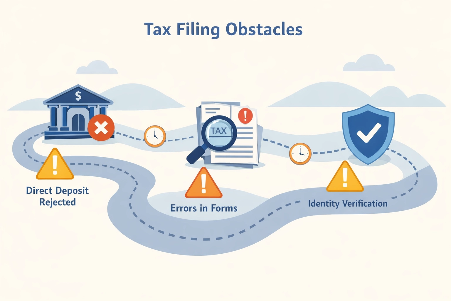Common tax refund delay obstacles including direct deposit errors and identity verification